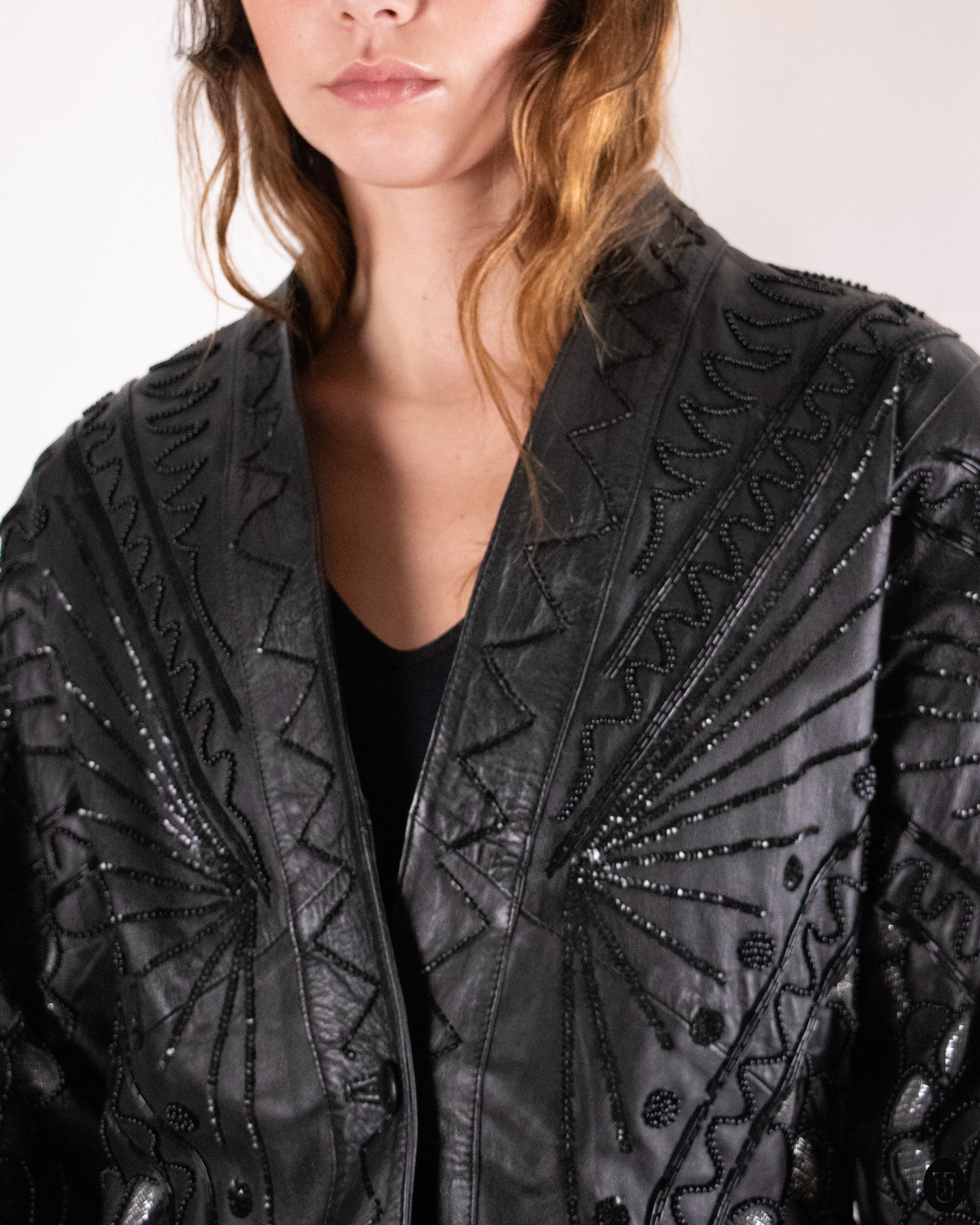 80's Embellished Black Leather Jacket M