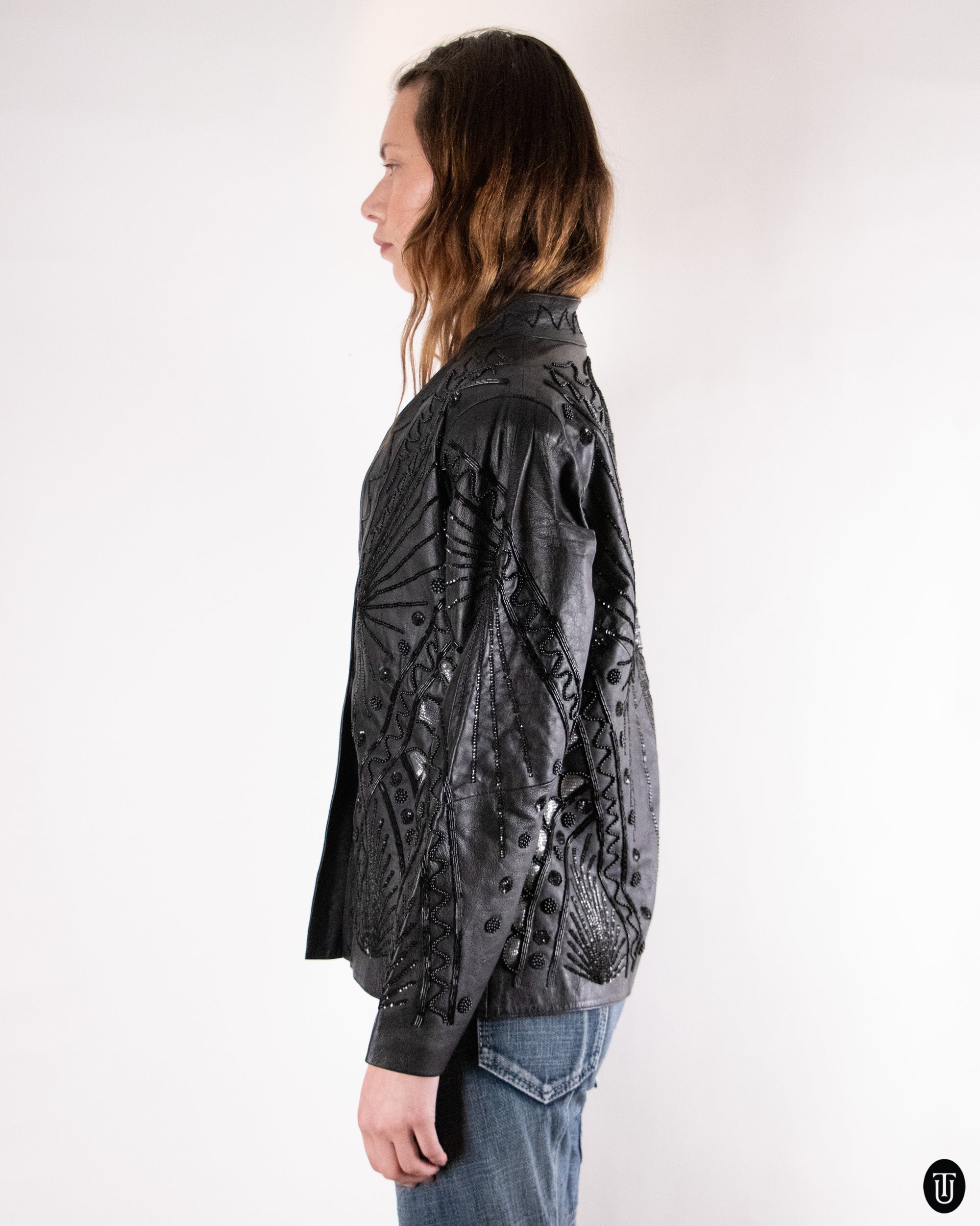 80's Embellished Black Leather Jacket M