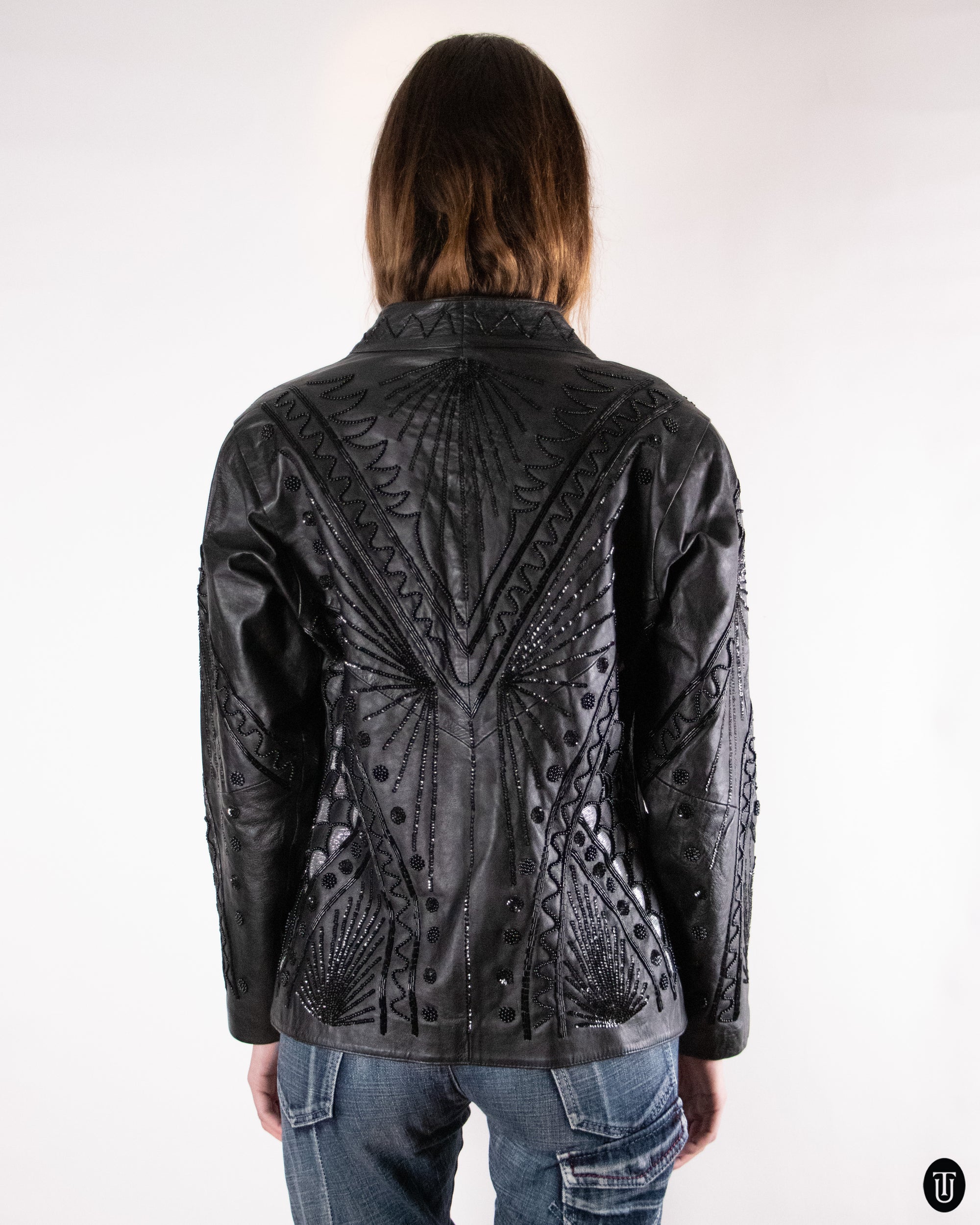 80's Embellished Black Leather Jacket M