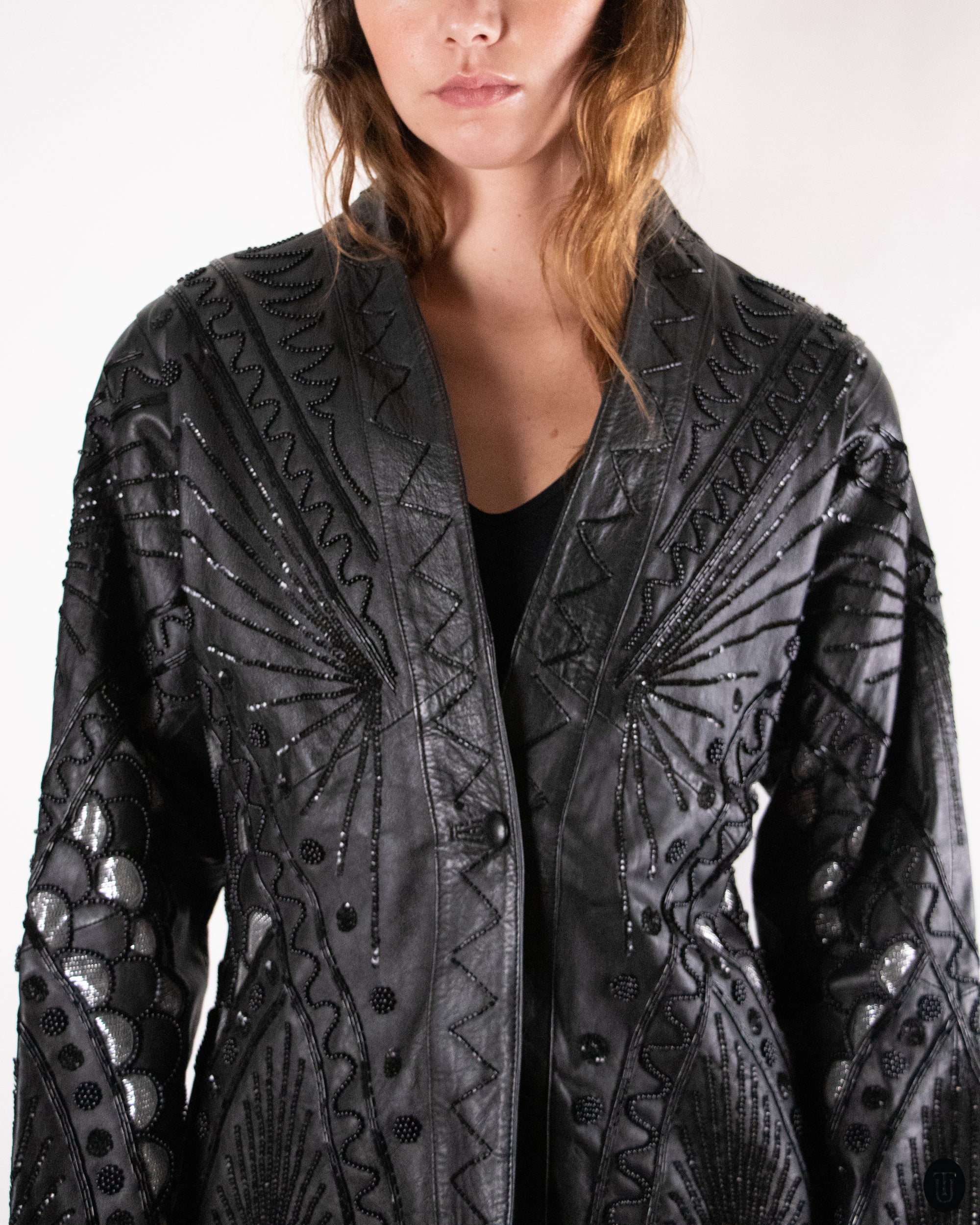 80's Embellished Black Leather Jacket M