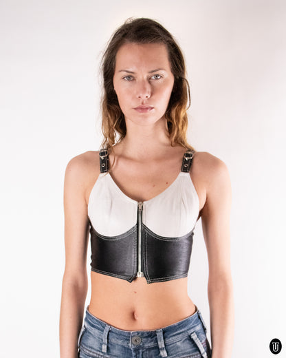 90's Black and White Leather Top S