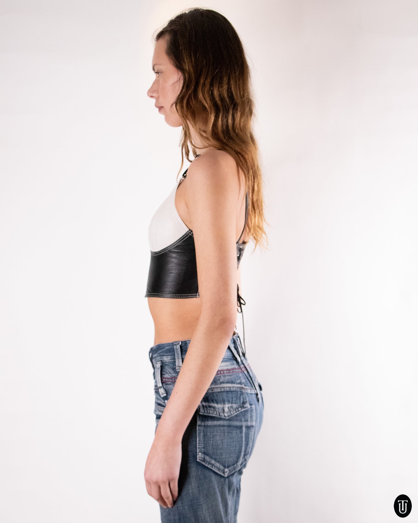 90's Black and White Leather Top S