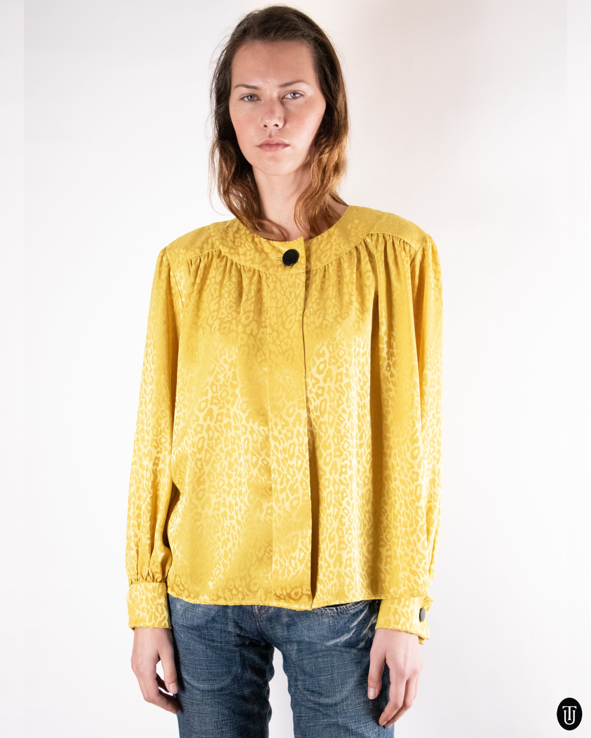 80's Yves Saint Laurent Gold Animal Jacquard Blouse M