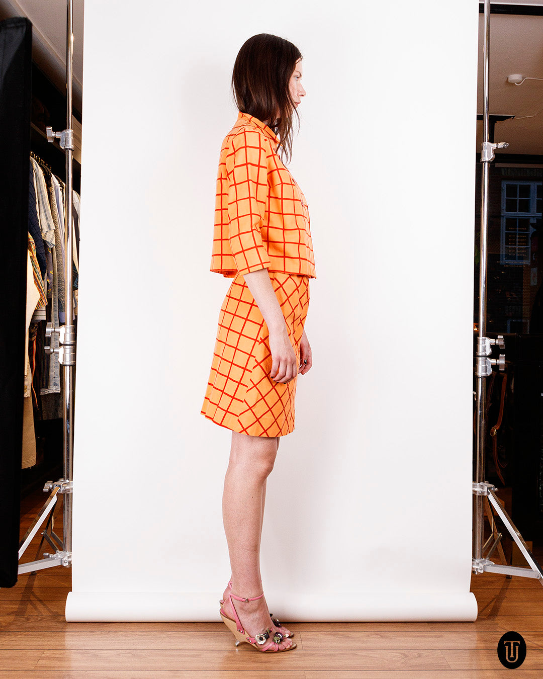 1960s Marimekko Orange Checkered Skirt Suit S