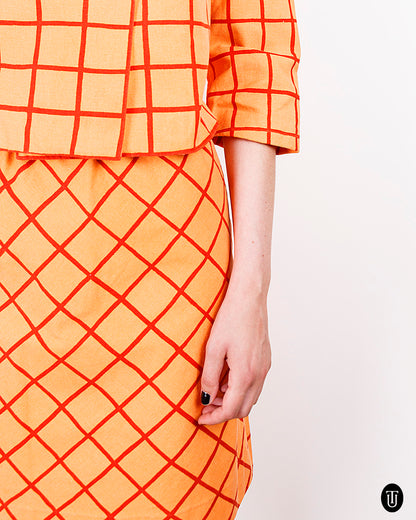 1960s Marimekko Orange Checkered Skirt Suit S