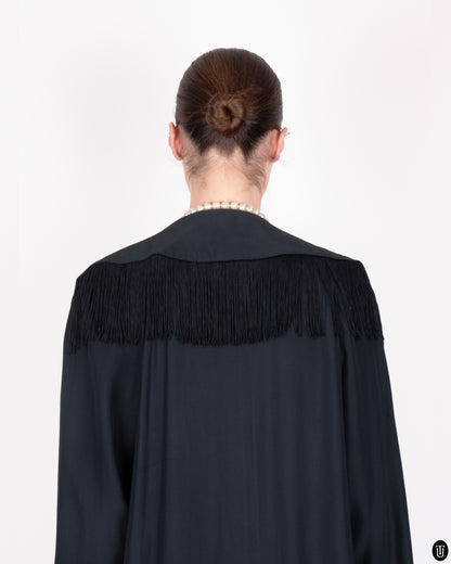SS89 Moschino Couture Black Fringe Wrap Coat L