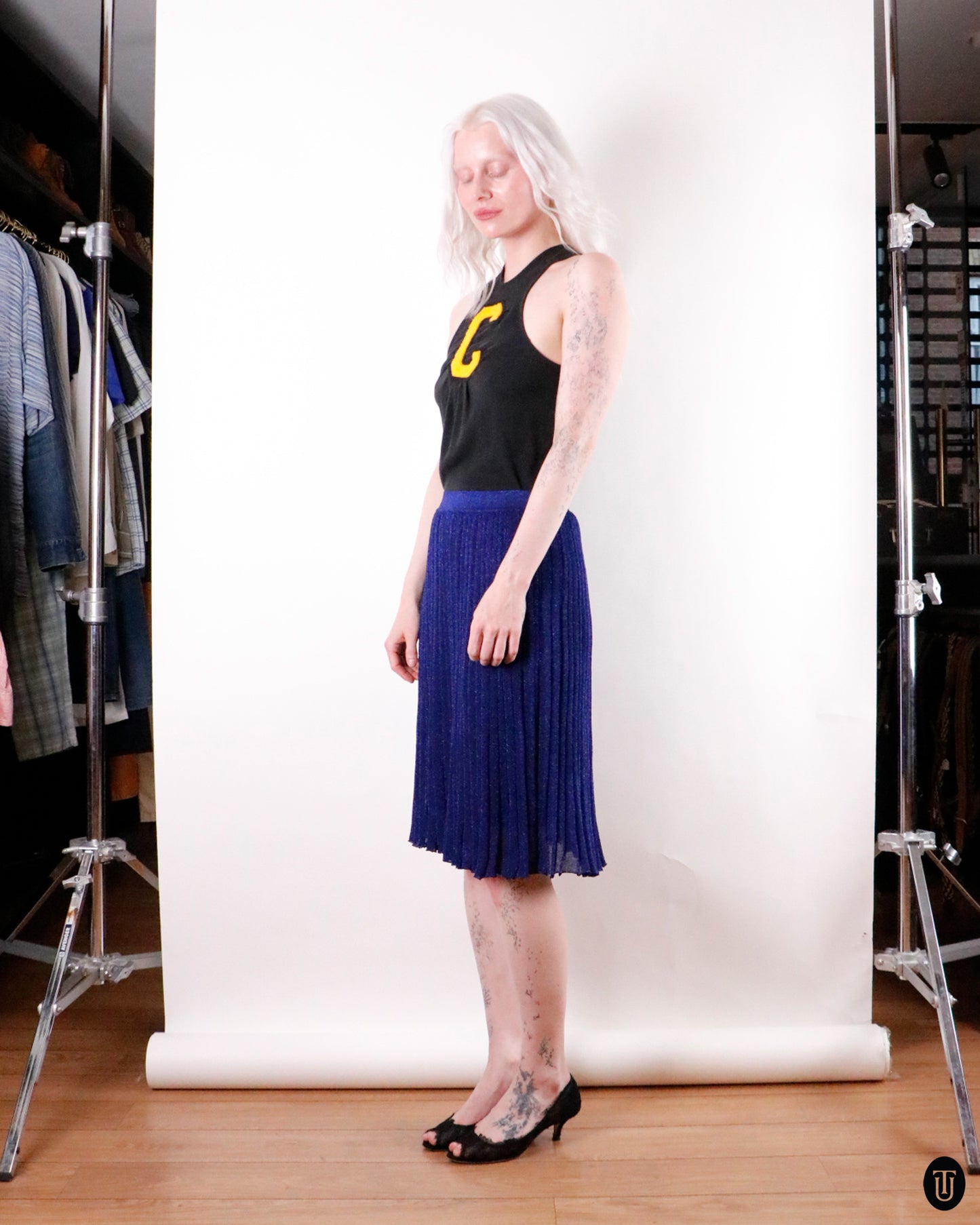 00's Missoni Blue Metallic Pleated Midi-Skirt M
