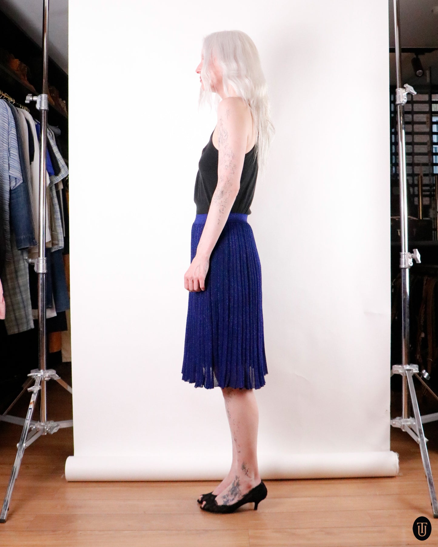 00's Missoni Blue Metallic Pleated Midi-Skirt M
