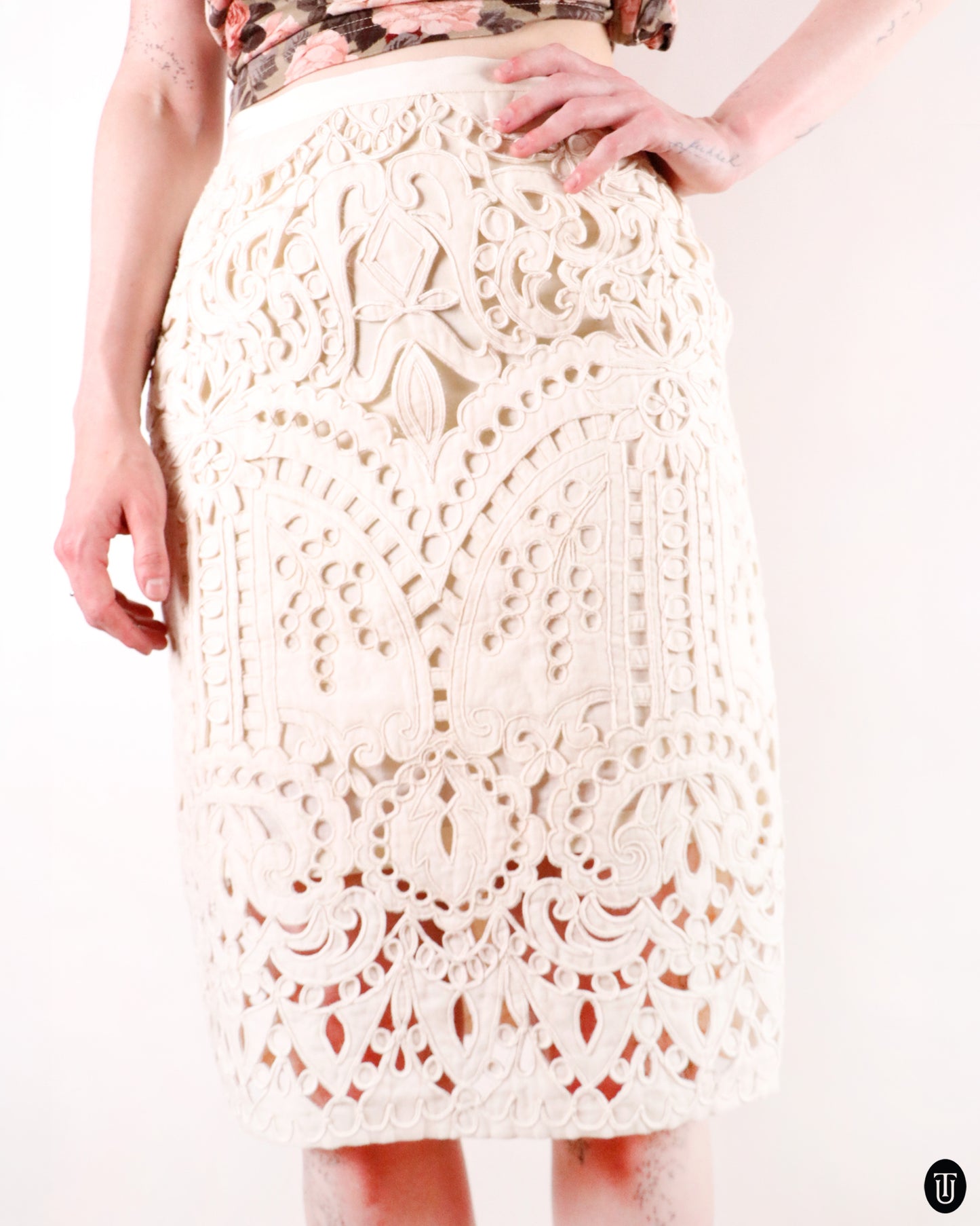 00's Dries Van Noten Cotton Cream Cut Out Pencil Skirt M