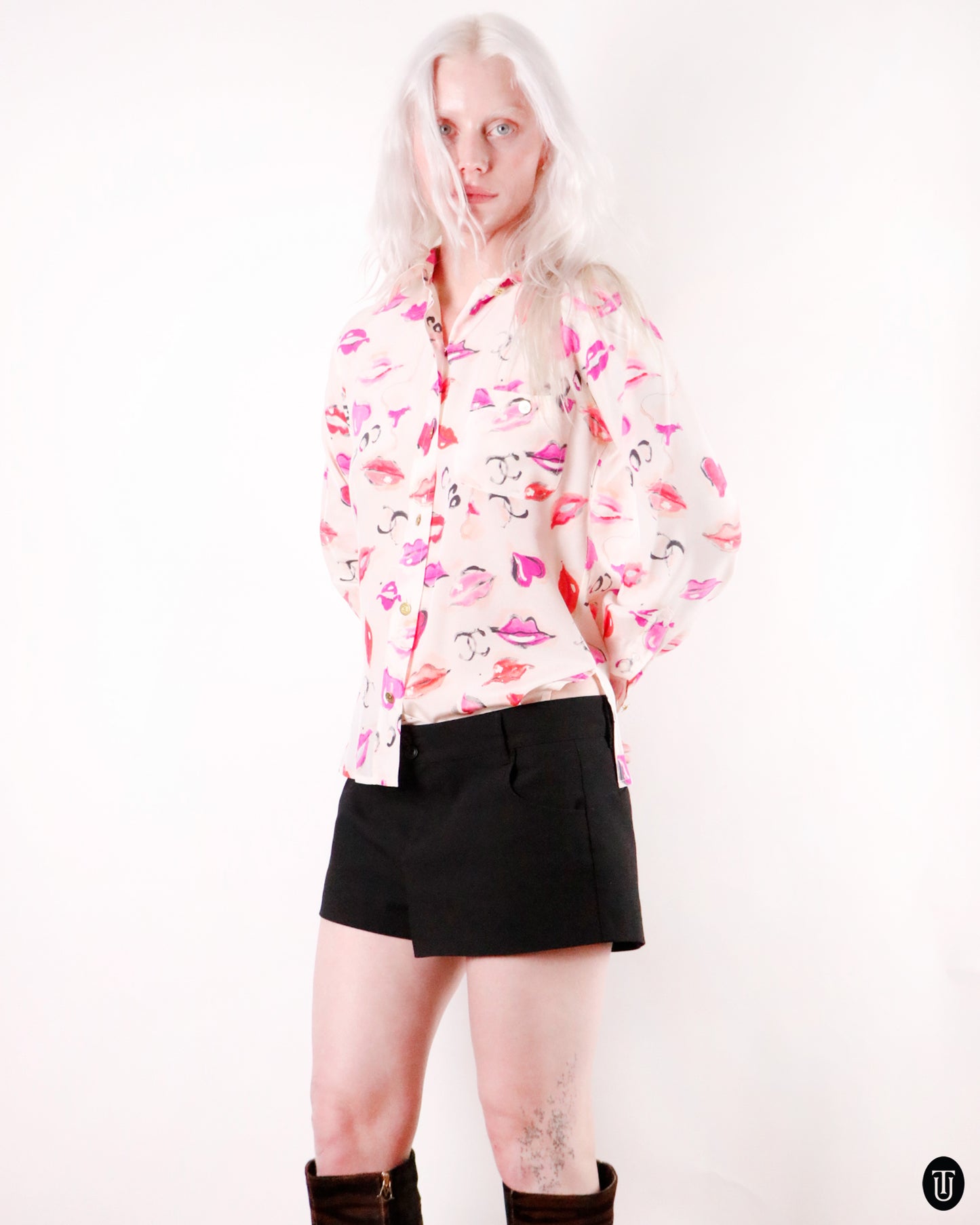 90's Chanel Lipstick Print Silk Blouse M