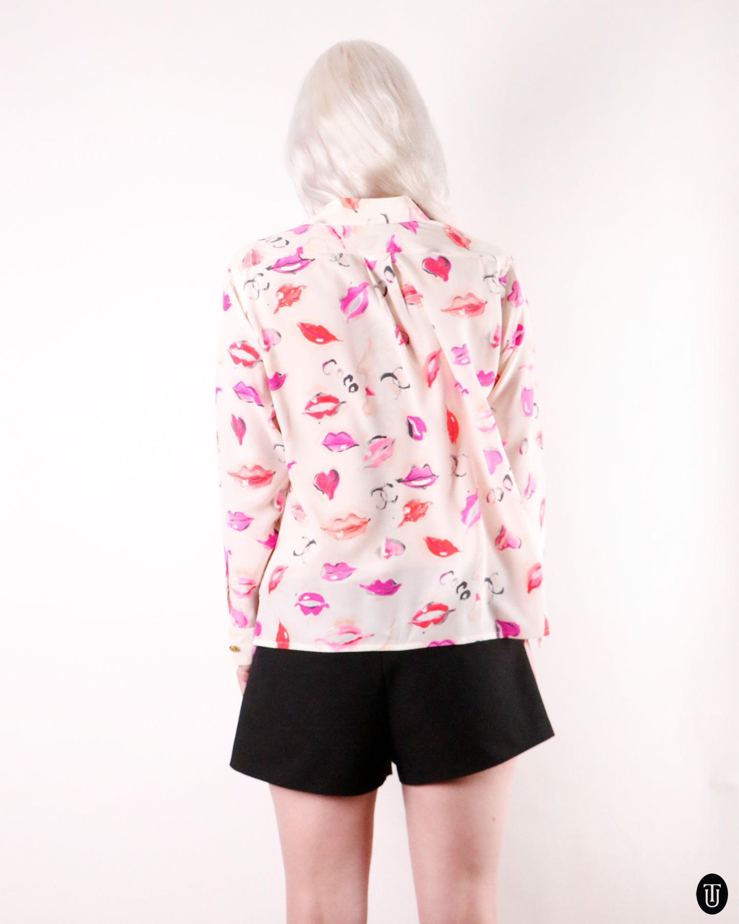 90's Chanel Lipstick Print Silk Blouse M