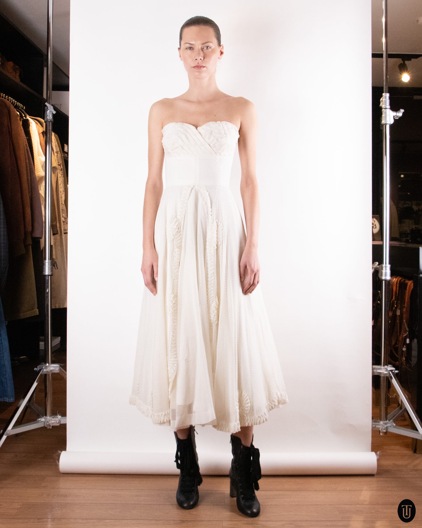 50's Ivory Strapless Tea-Length Gown XS