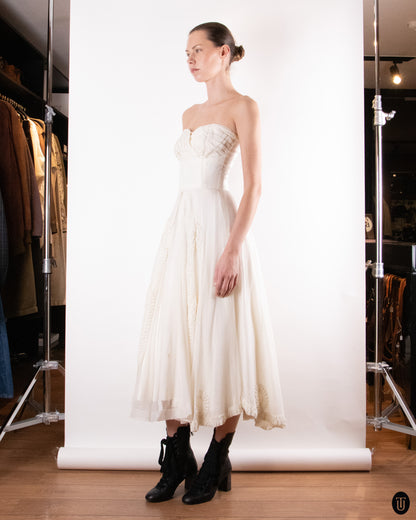 50's Ivory Strapless Tea-Length Gown XS