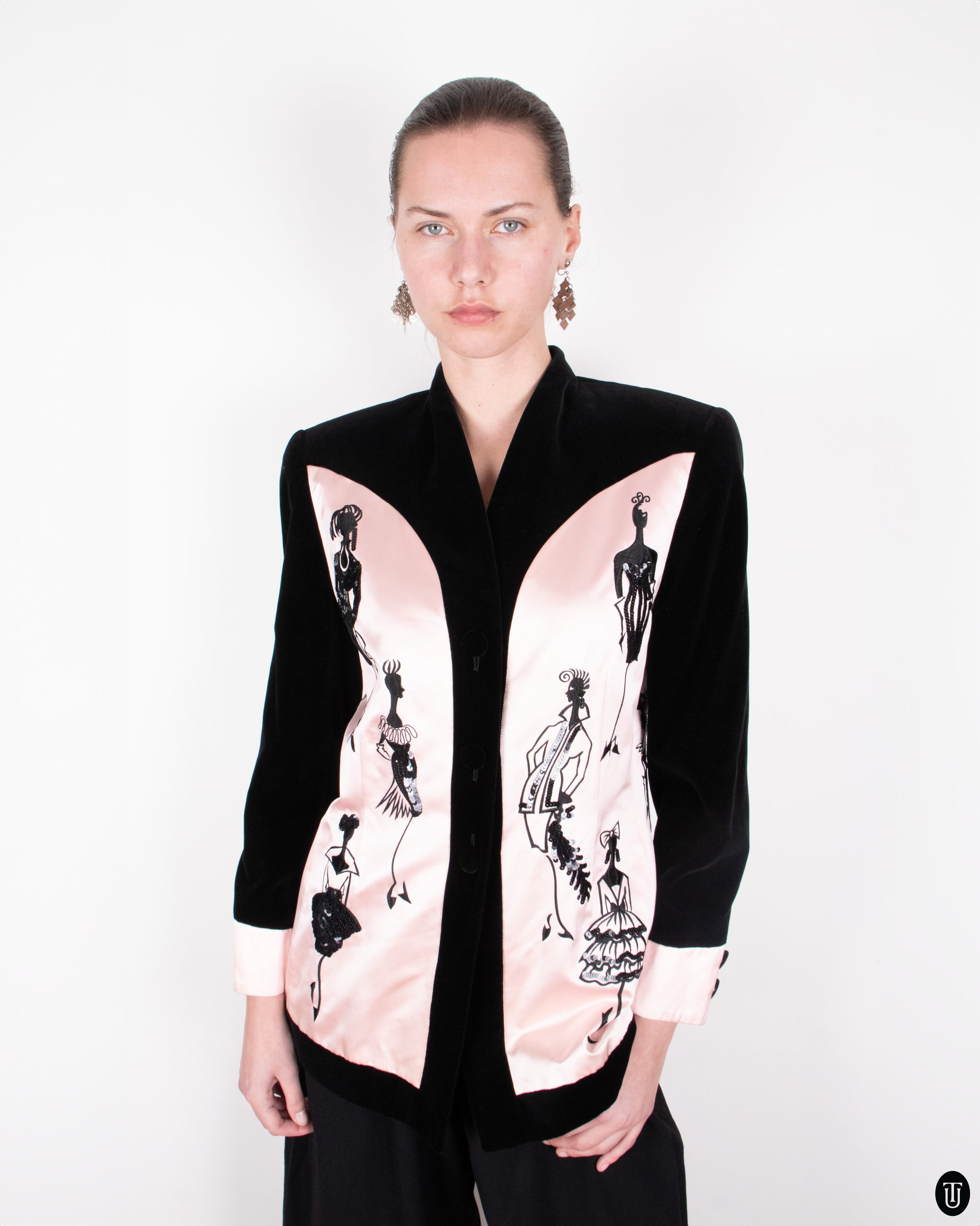 80s Escada by Margareta Ley Pink Satin and Black Velvet Embellished Blazer S