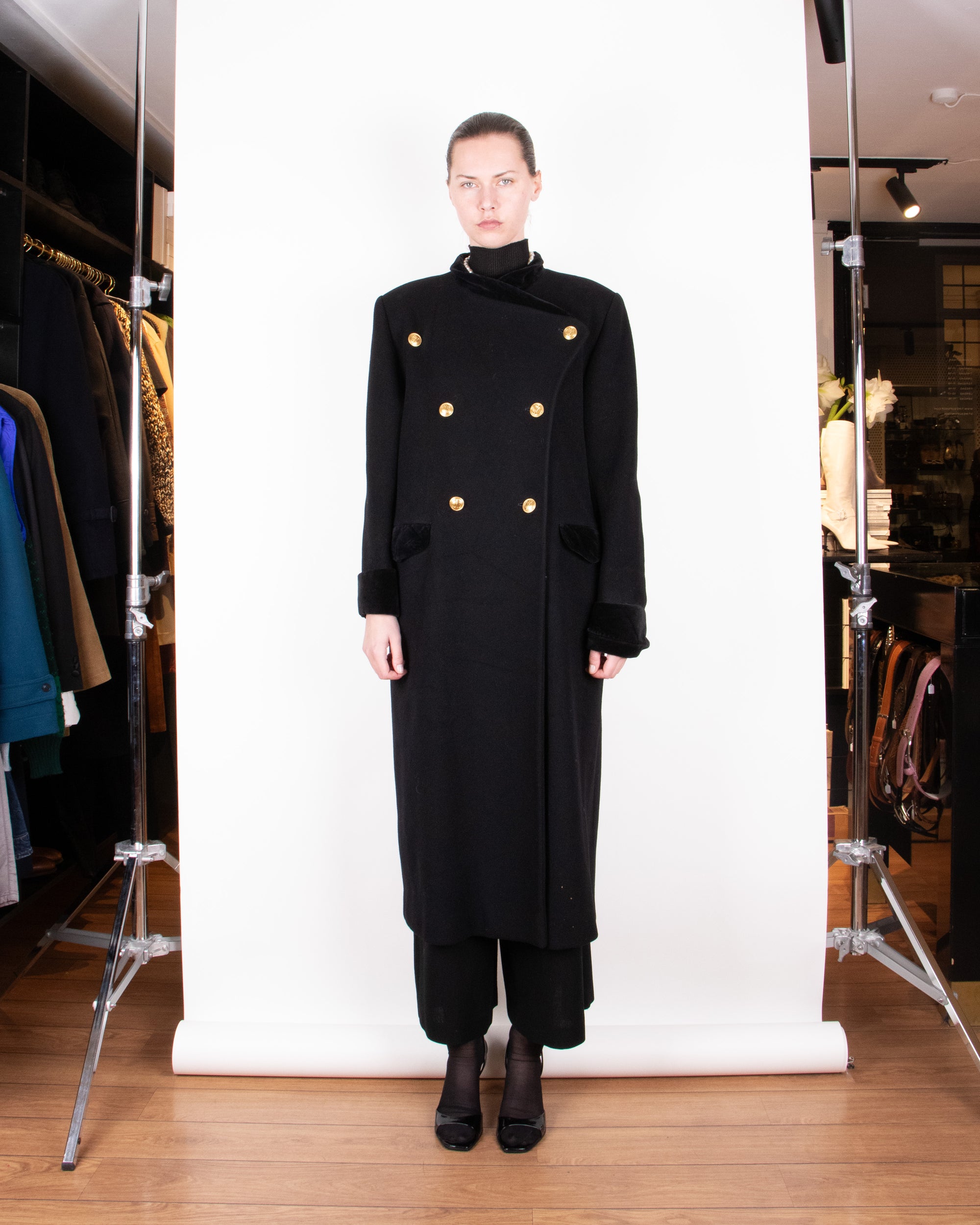 1980s Christian Dior Black Wool Military-Style Coat L