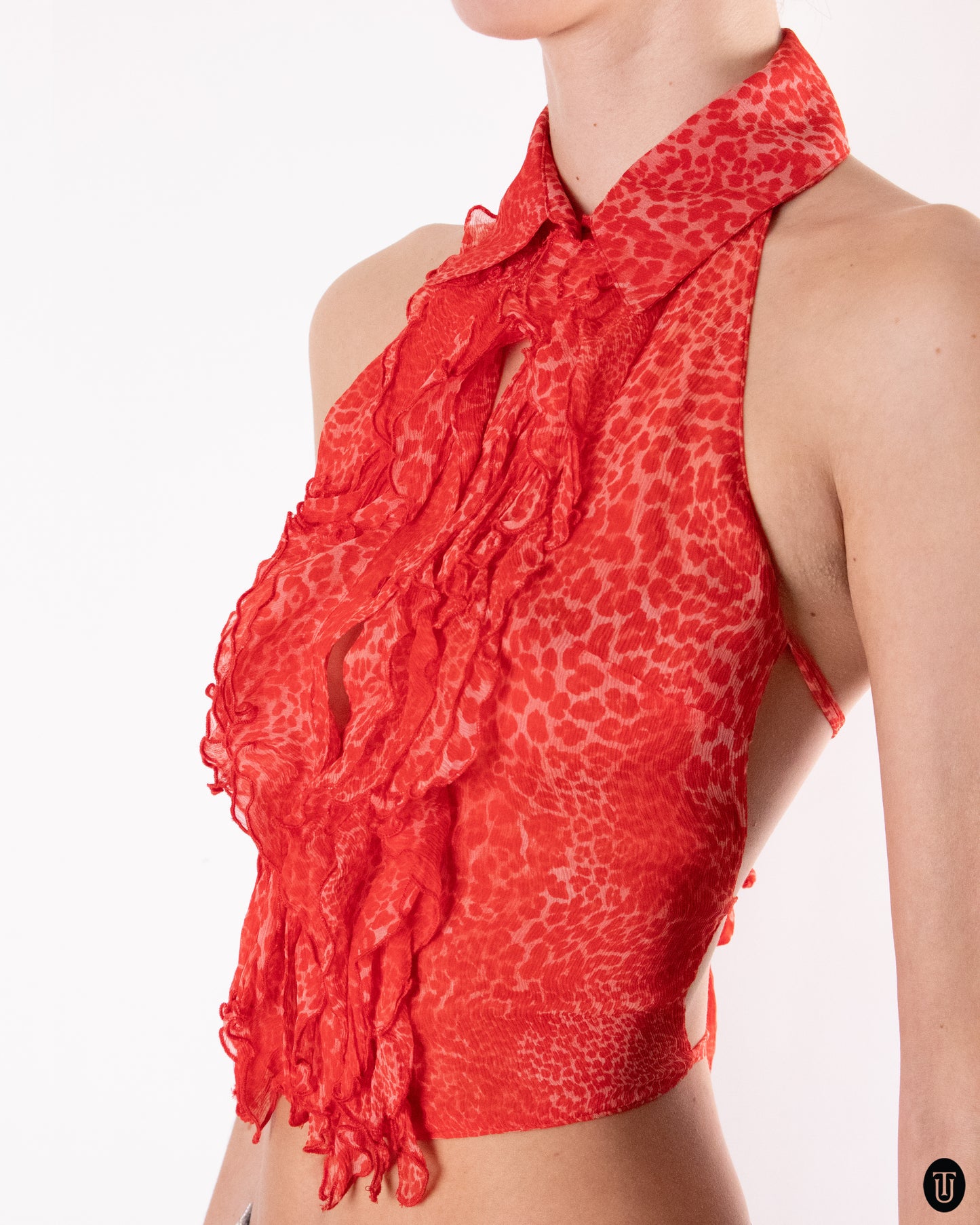 00's Blumarine Backless Red Ruffled Silk Top S
