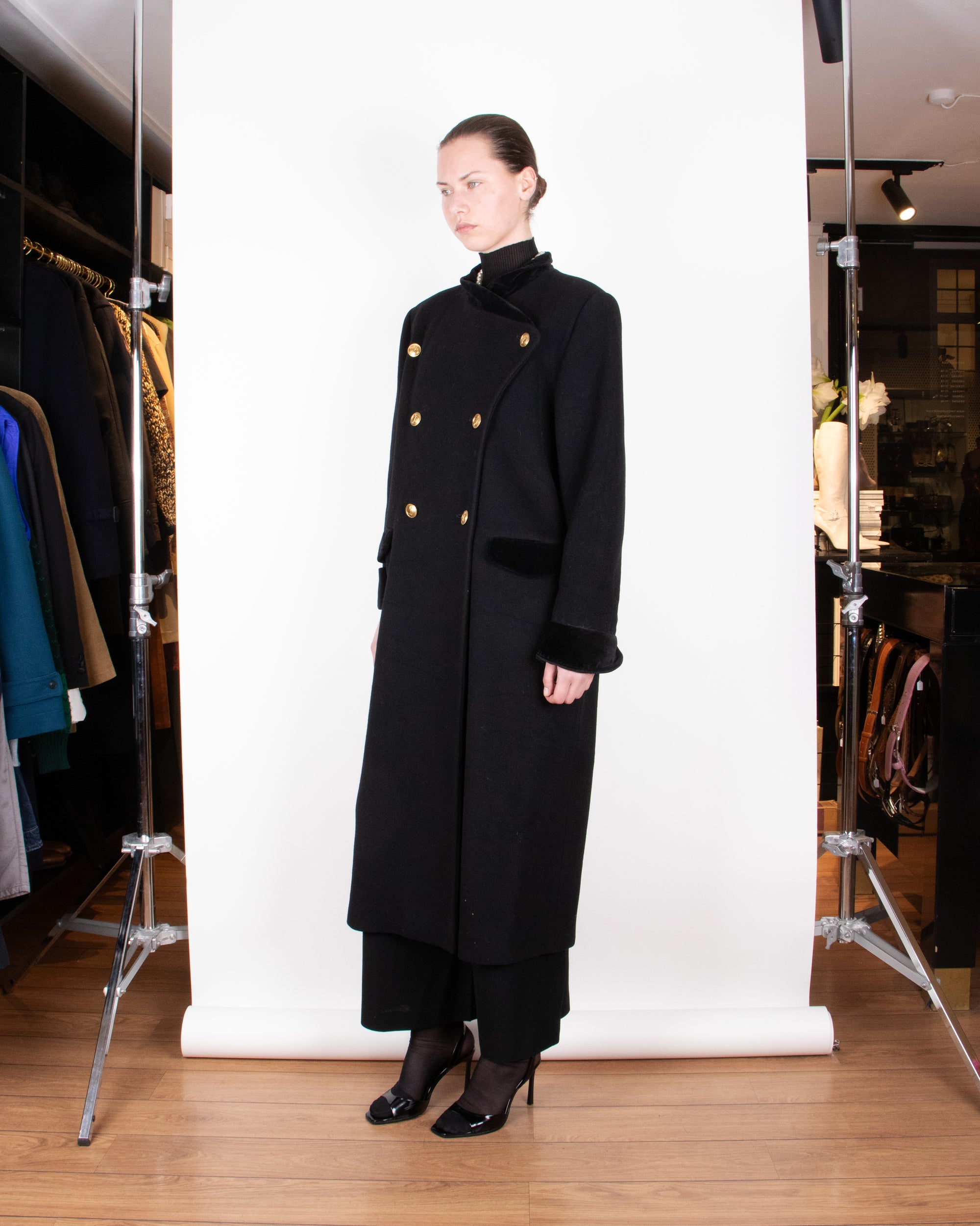 1980s Christian Dior Black Wool Military-Style Coat L