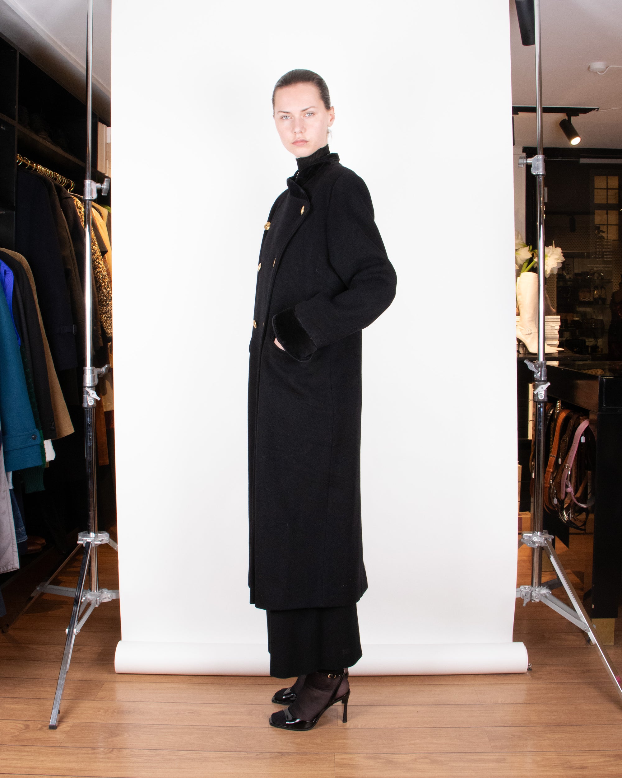 1980s Christian Dior Black Wool Military-Style Coat L