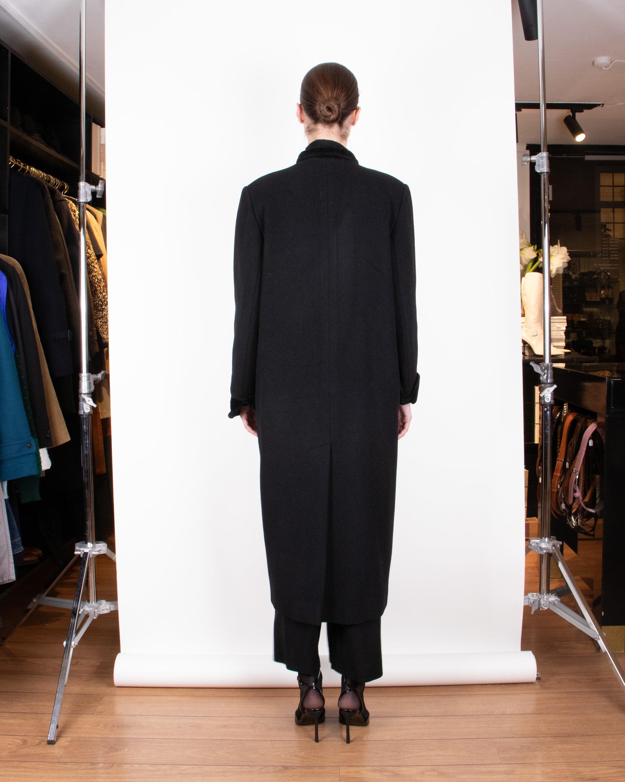 1980s Christian Dior Black Wool Military-Style Coat L