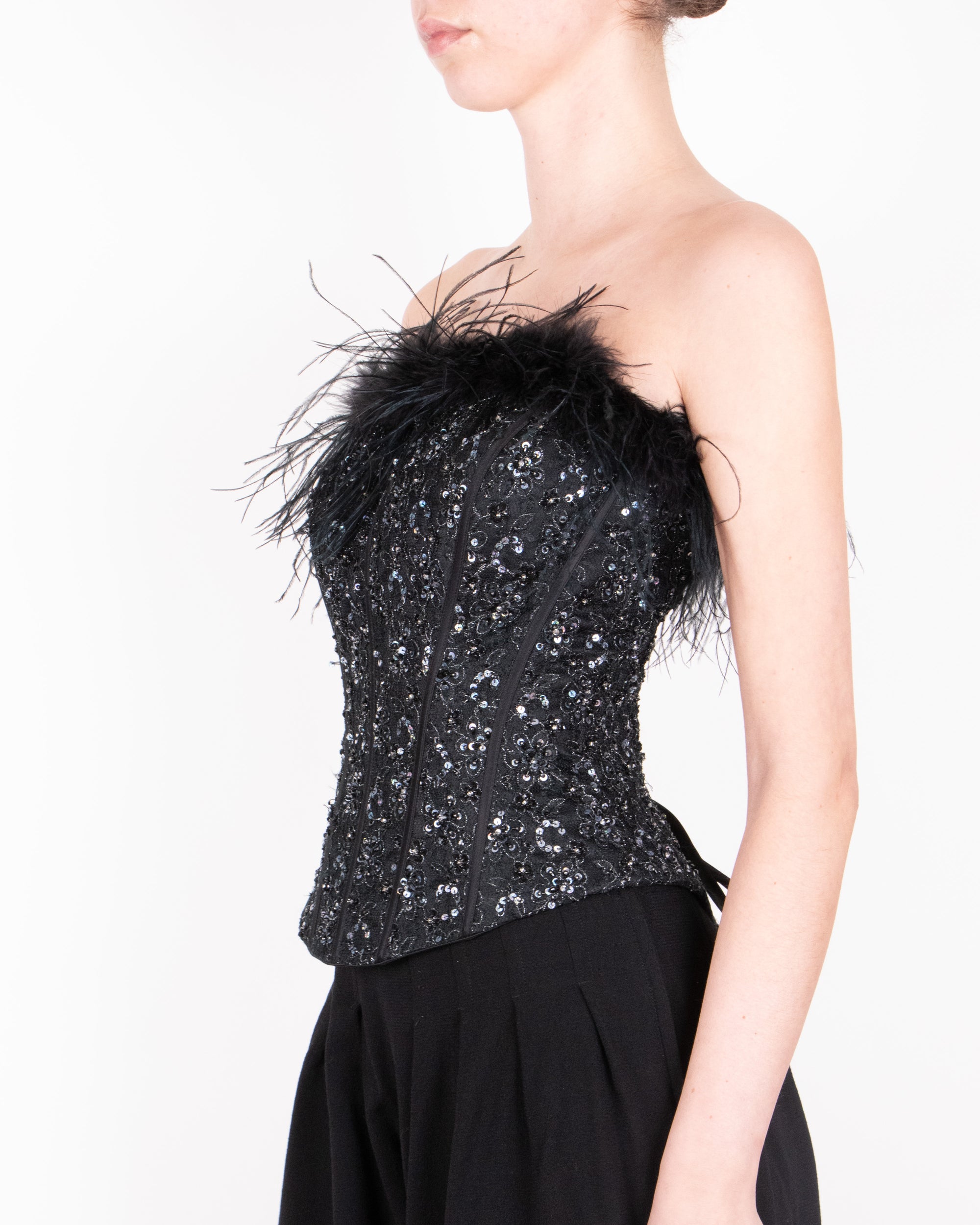 1990s Black Italian Corset with Ostrich Feathers and Beadwork S