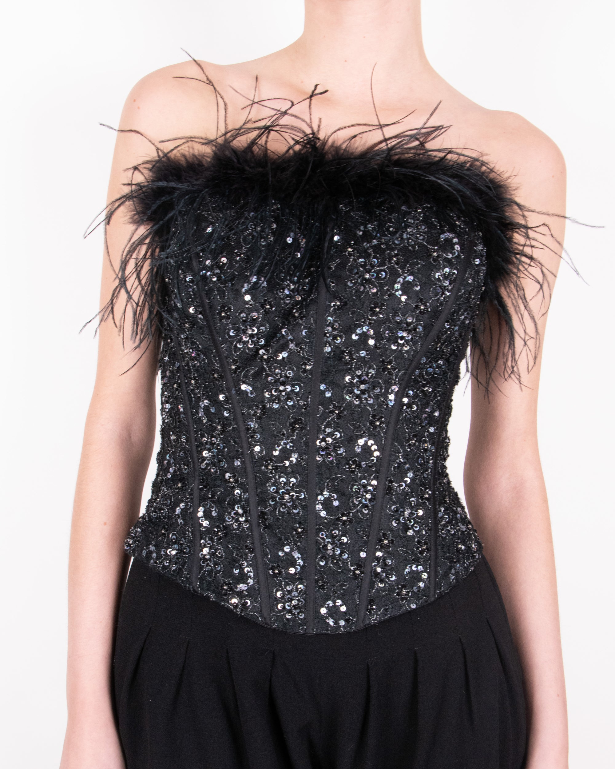 1990s Black Italian Corset with Ostrich Feathers and Beadwork S