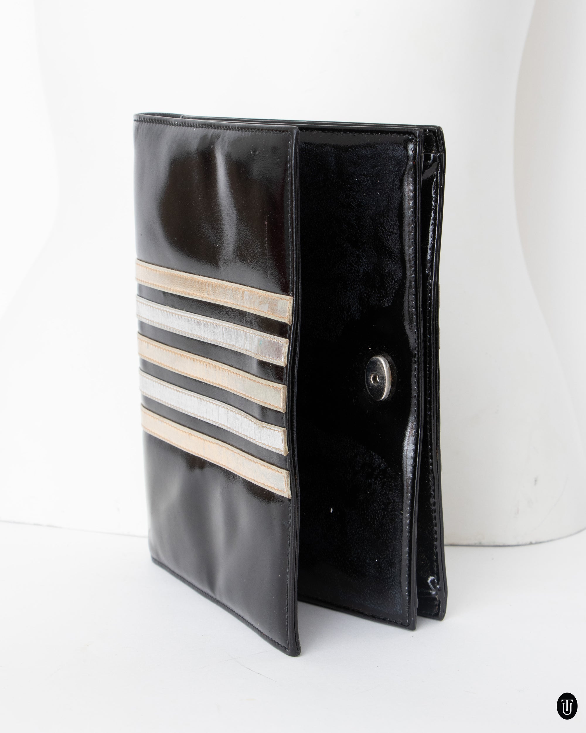 1970s Yves Saint Laurent Patent Leather and Metallic Clutch