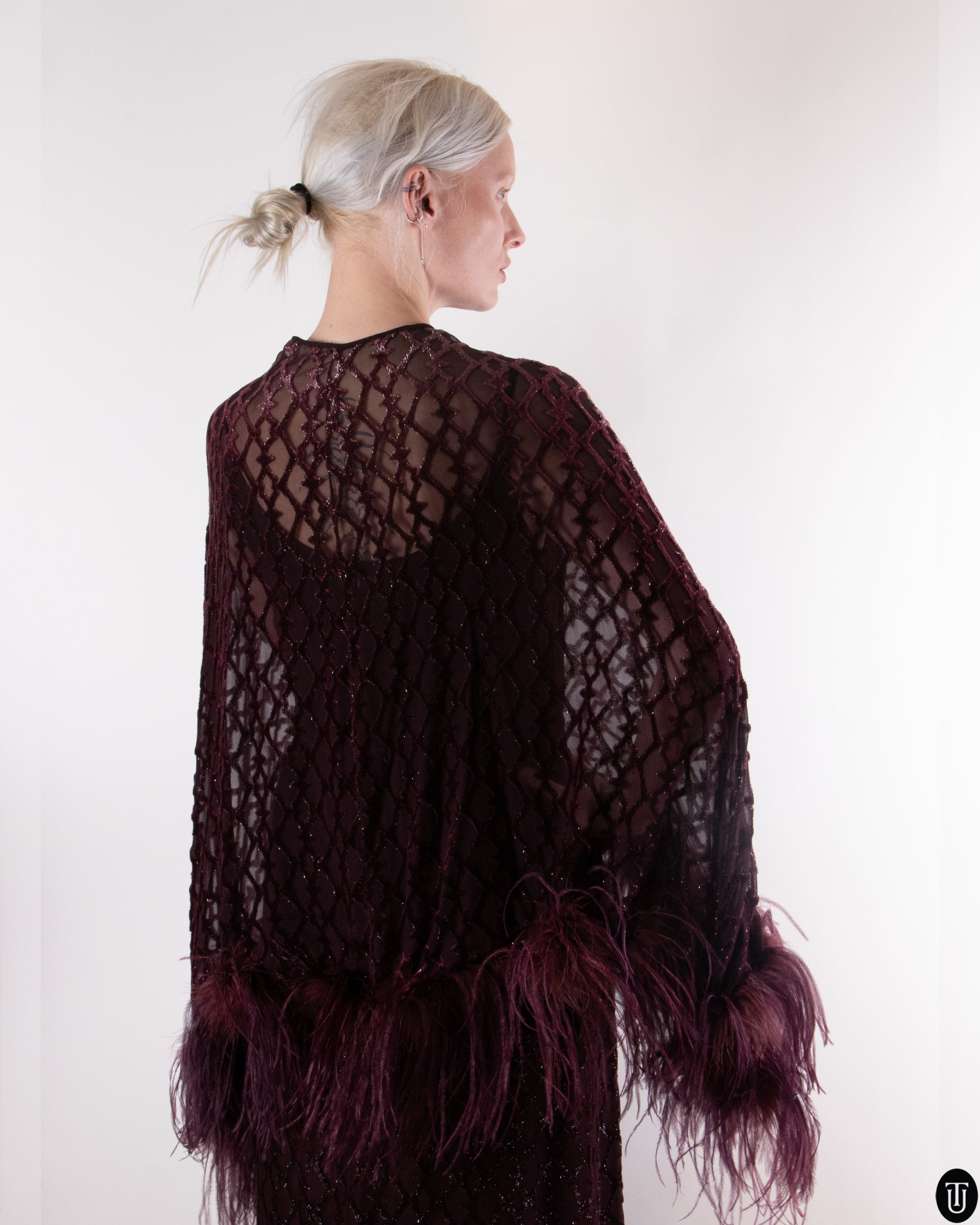 00's Mogens Eriksen Haute Couture Feathered Cape Gown M