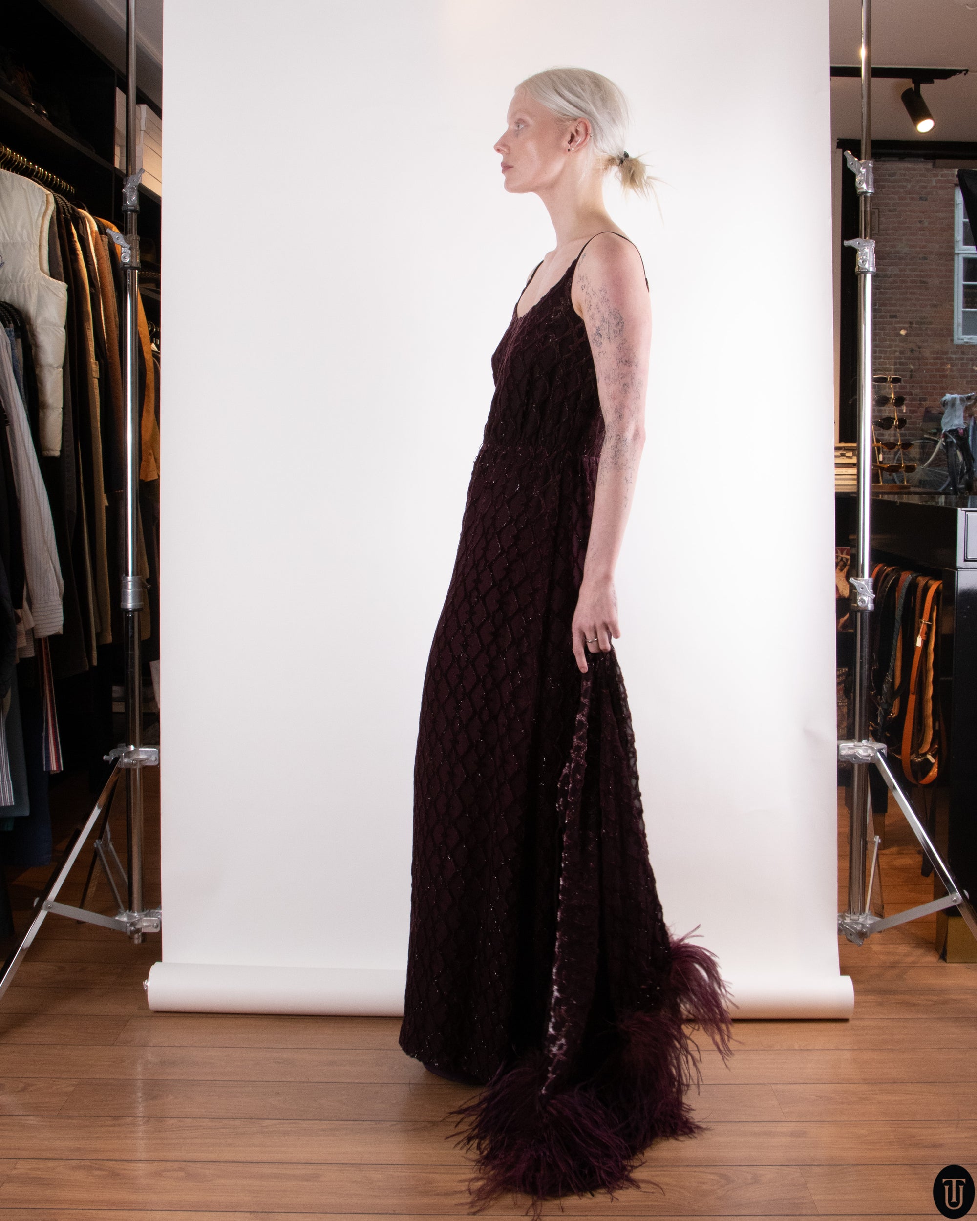 00's Mogens Eriksen Haute Couture Feathered Cape Gown M