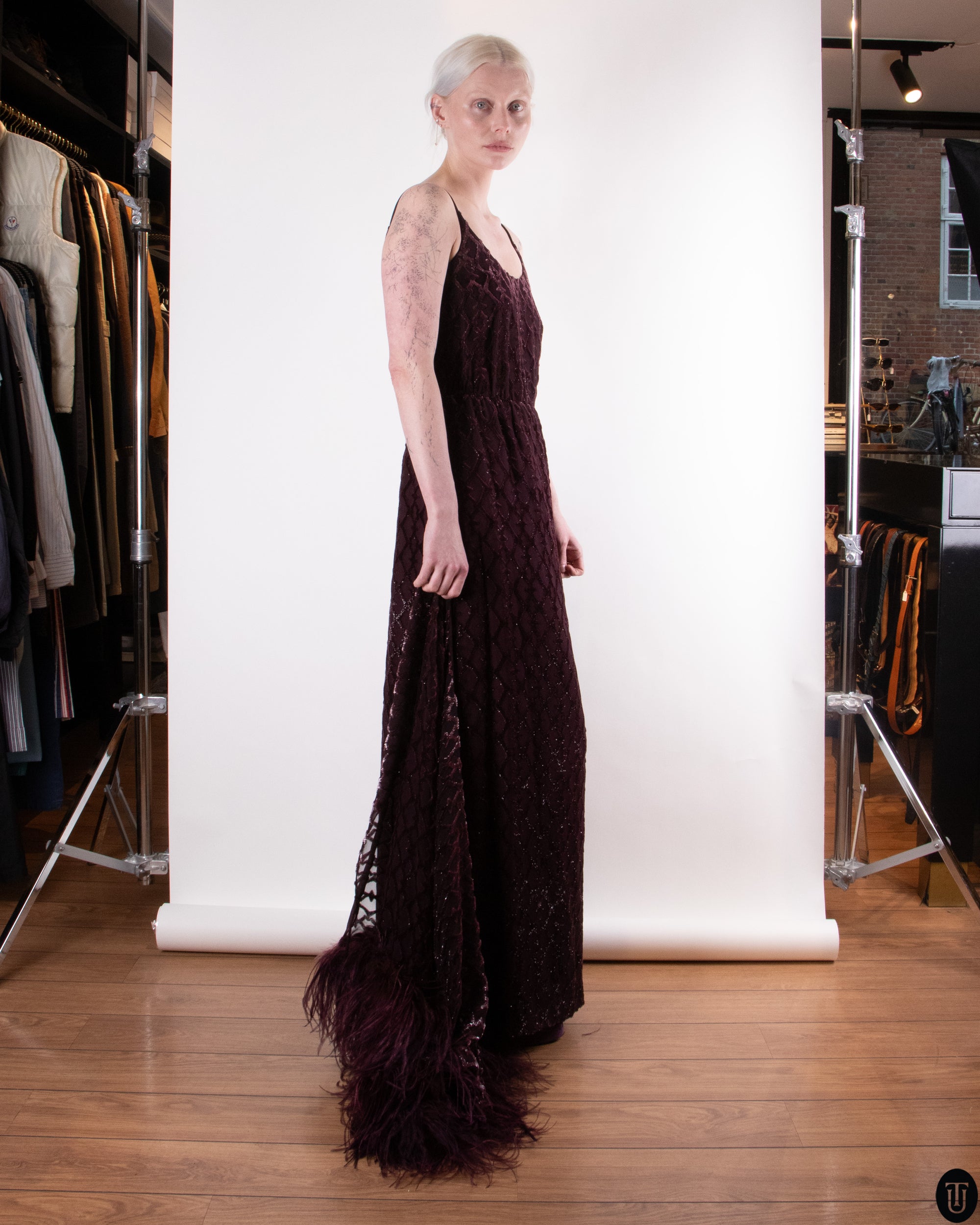 00's Mogens Eriksen Haute Couture Feathered Cape Gown M