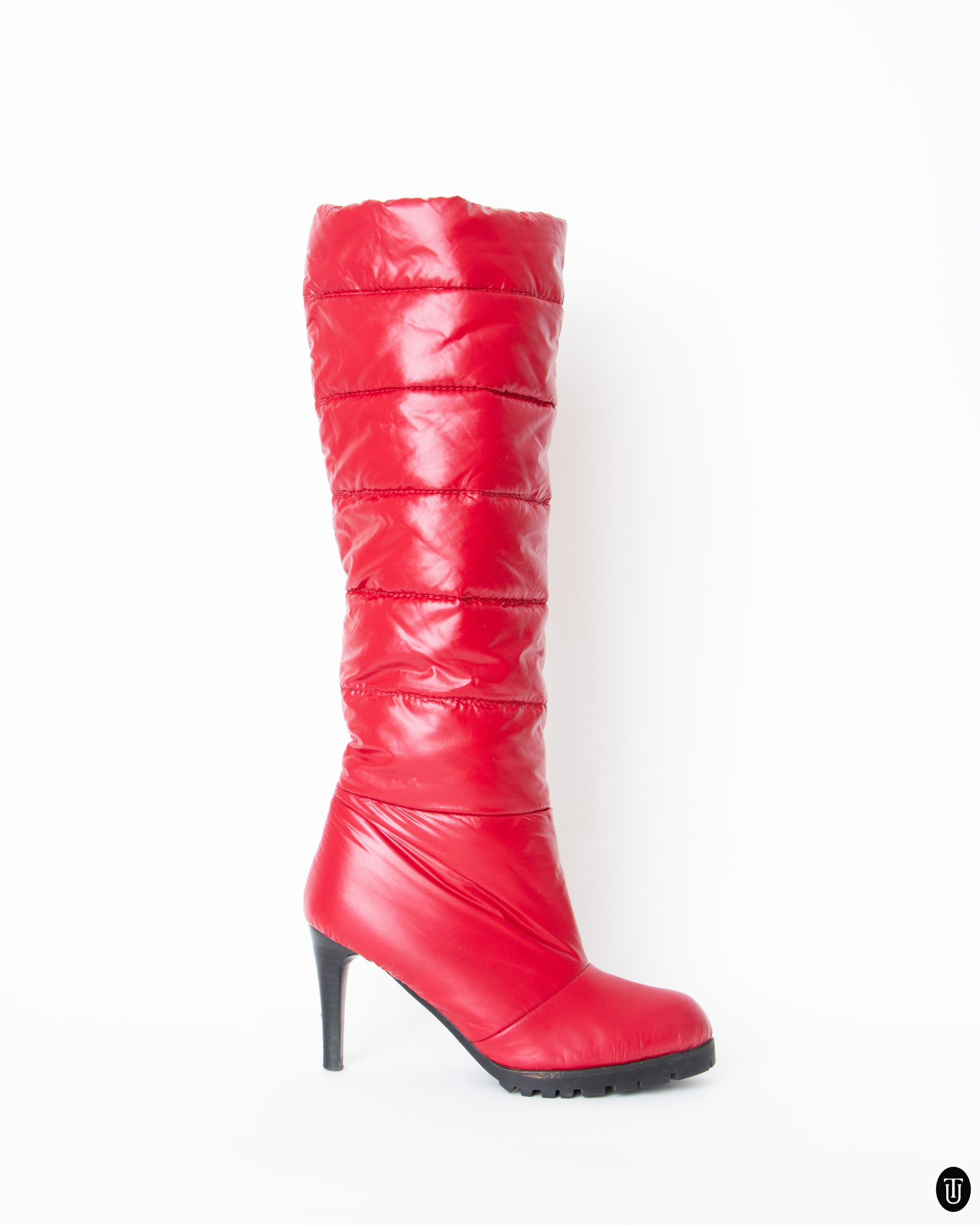 00s Red Nylon Puffer High Heeled Boots