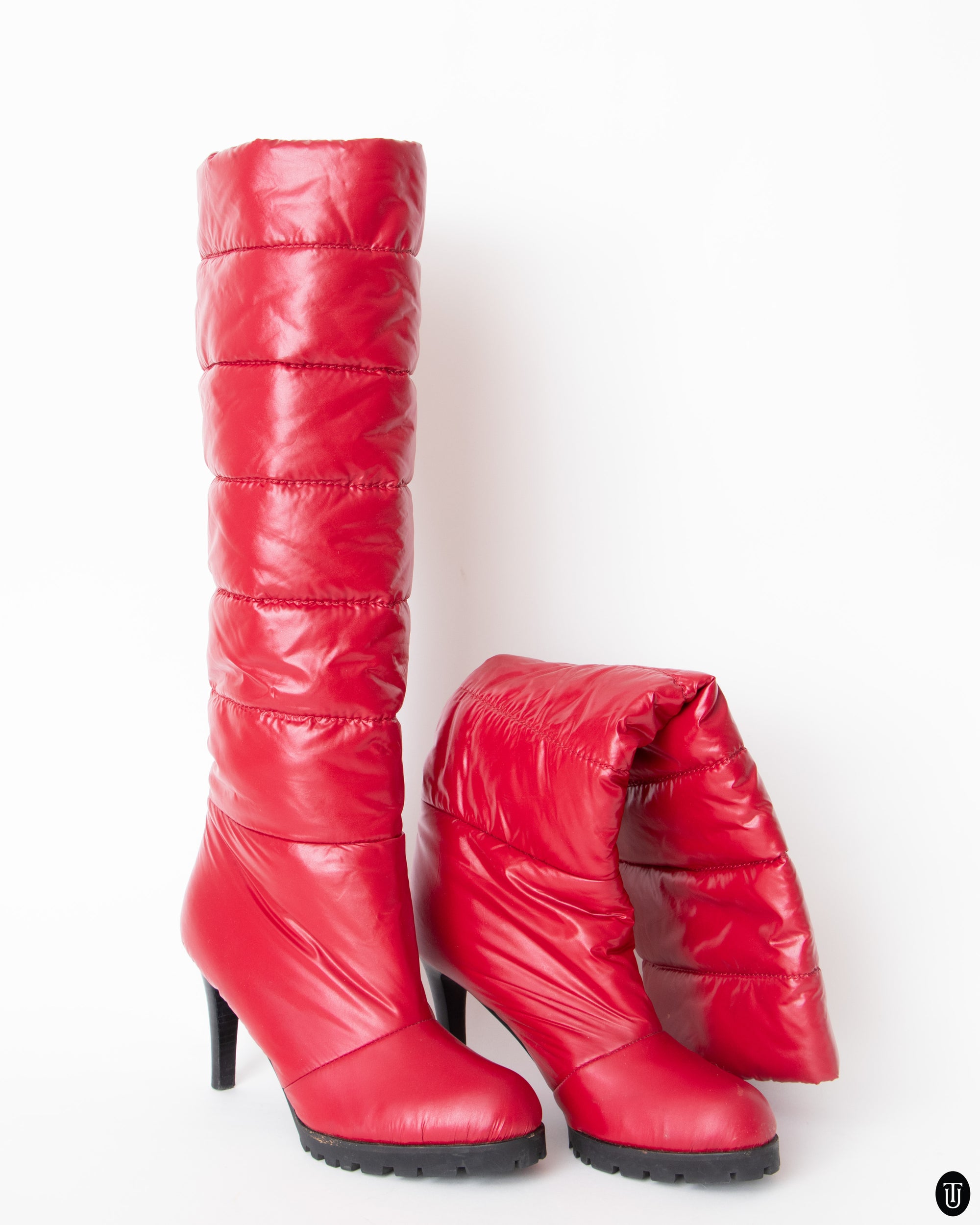 00s Red Nylon Puffer High Heeled Boots