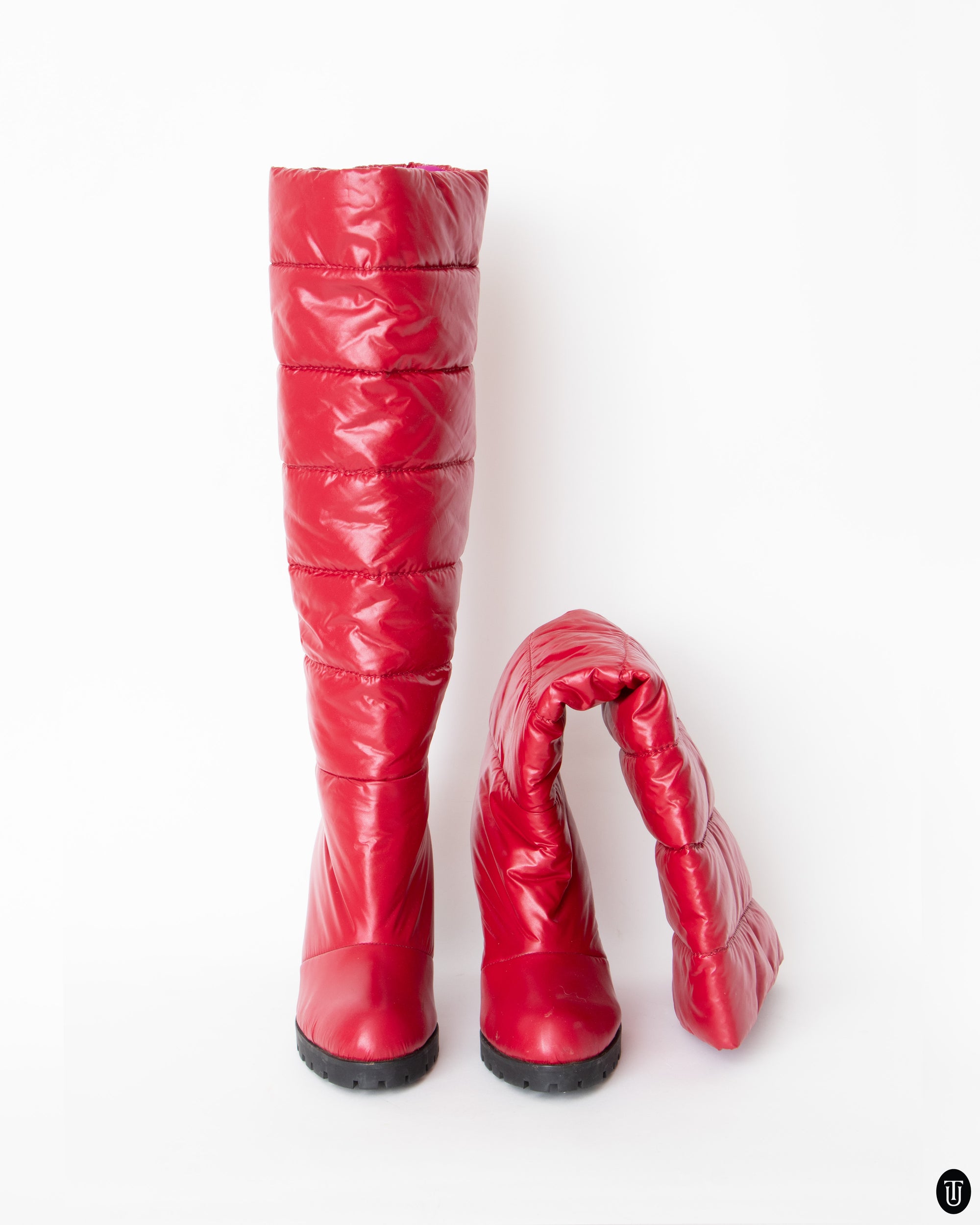 00s Red Nylon Puffer High Heeled Boots