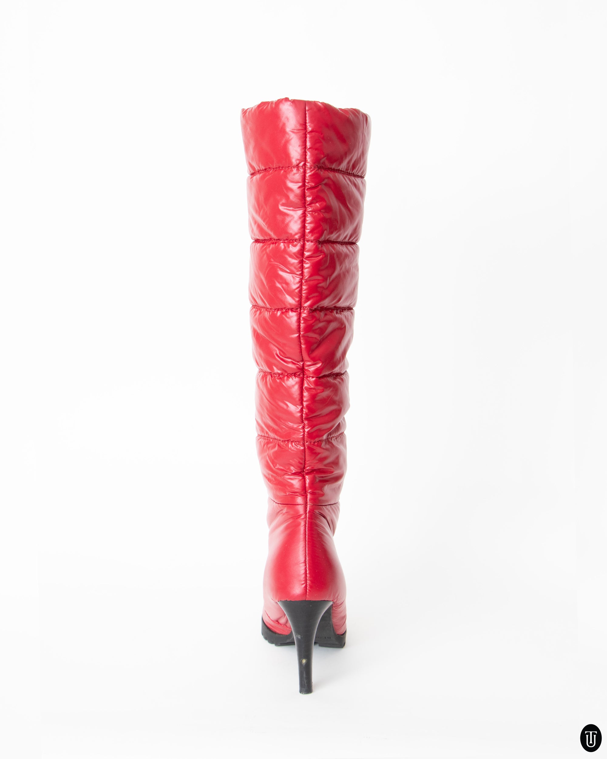 00s Red Nylon Puffer High Heeled Boots