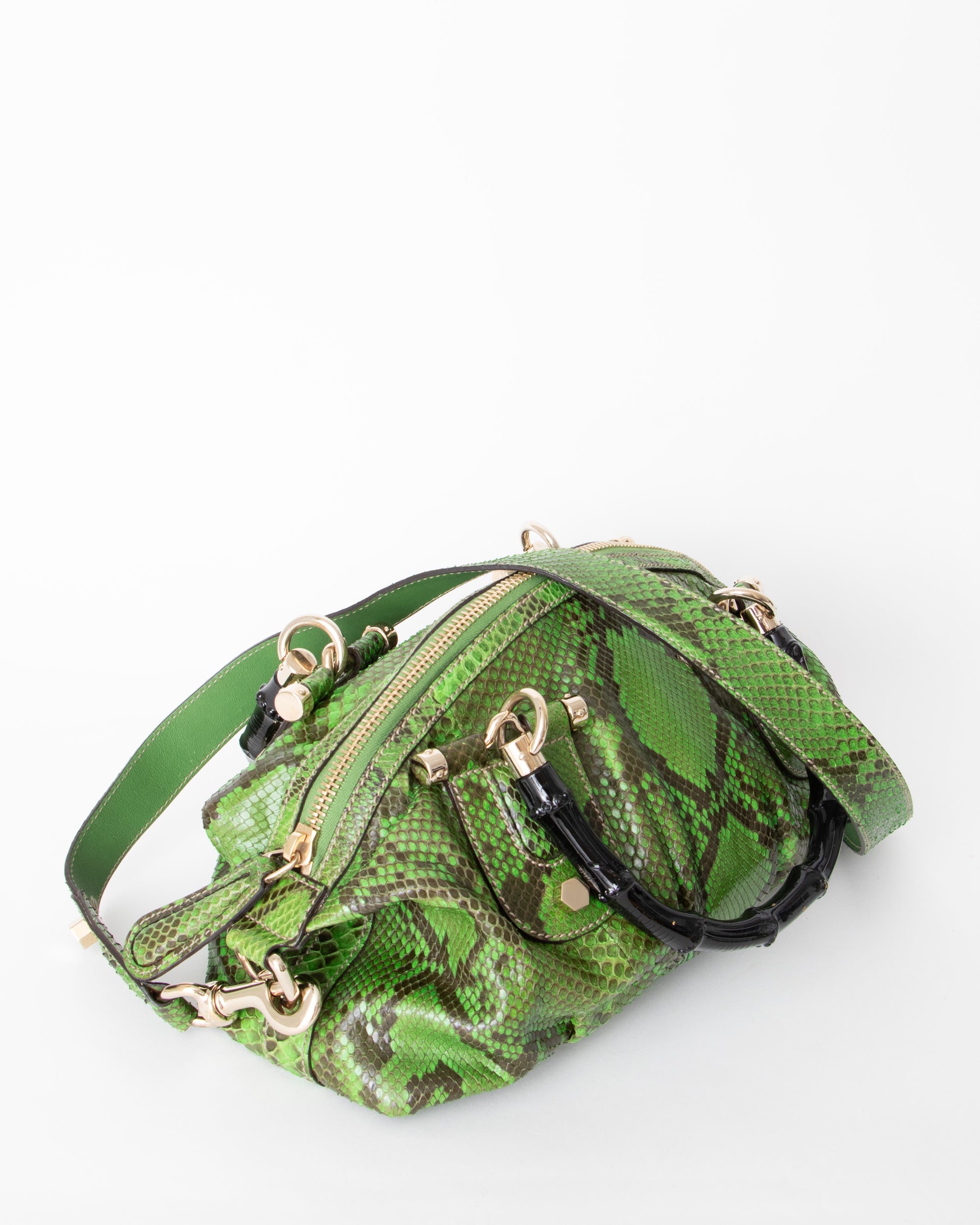 00s Gucci Green Python Pop Handbag with Bamboo Handle