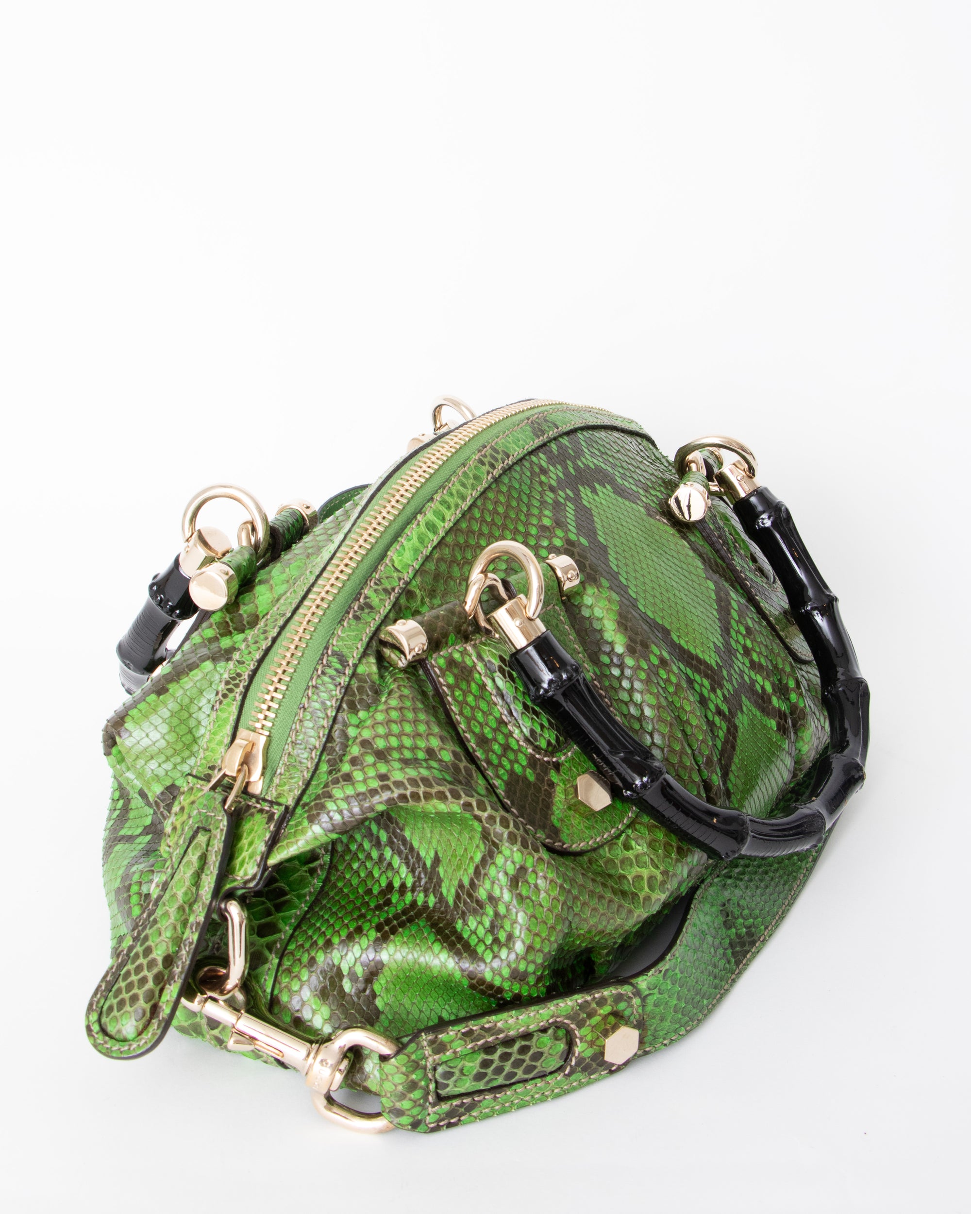 00s Gucci Green Python Pop Handbag with Bamboo Handle