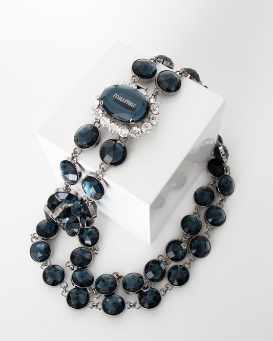 00's Miu Miu Navy Crystal and Rhinestone Link Necklace
