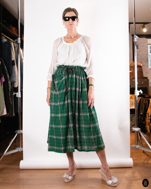 90's Yohji Yamamoto "Y's" Drawstring Green Wool Plaid Maxi Skirt M