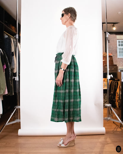 90's Yohji Yamamoto "Y's" Drawstring Green Wool Plaid Maxi Skirt M