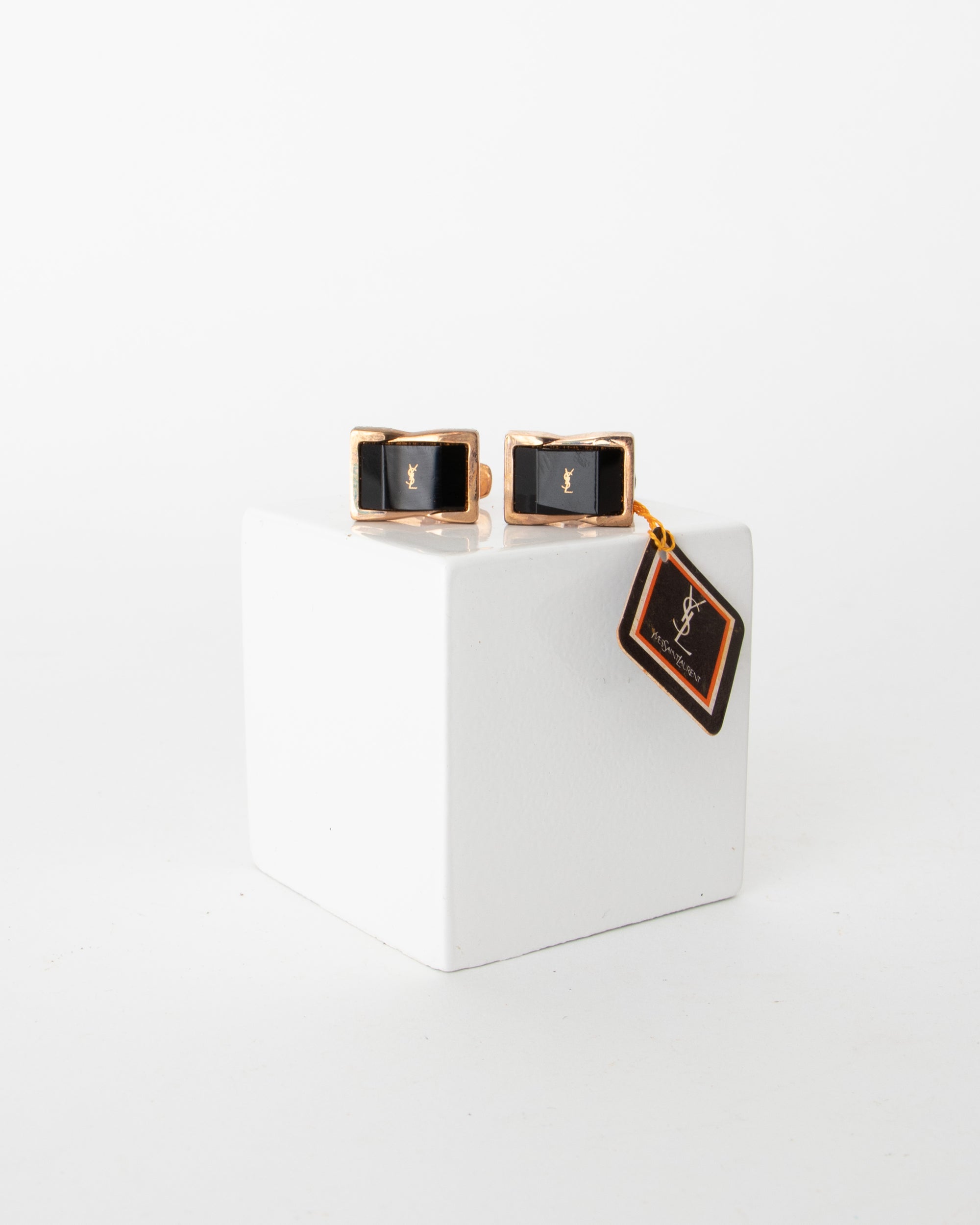 1980s Yves Saint Laurent Gold-Toned and Obsidian Logo Cufflinks