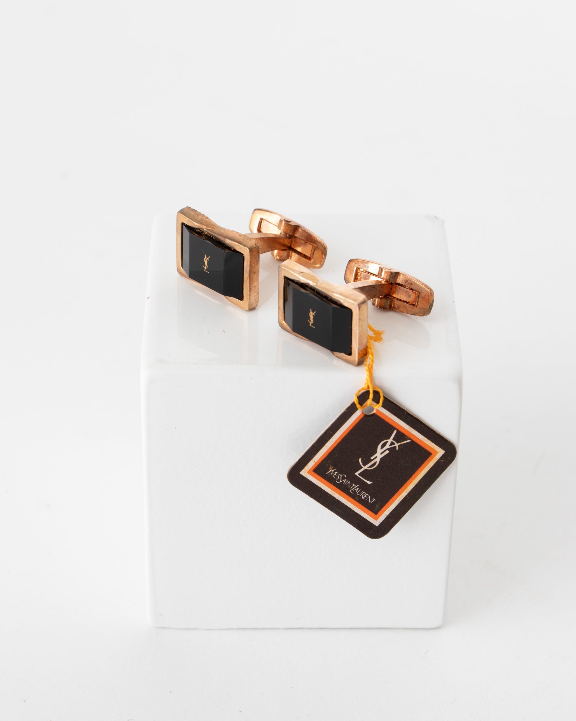 1980s Yves Saint Laurent Gold-Toned and Obsidian Logo Cufflinks