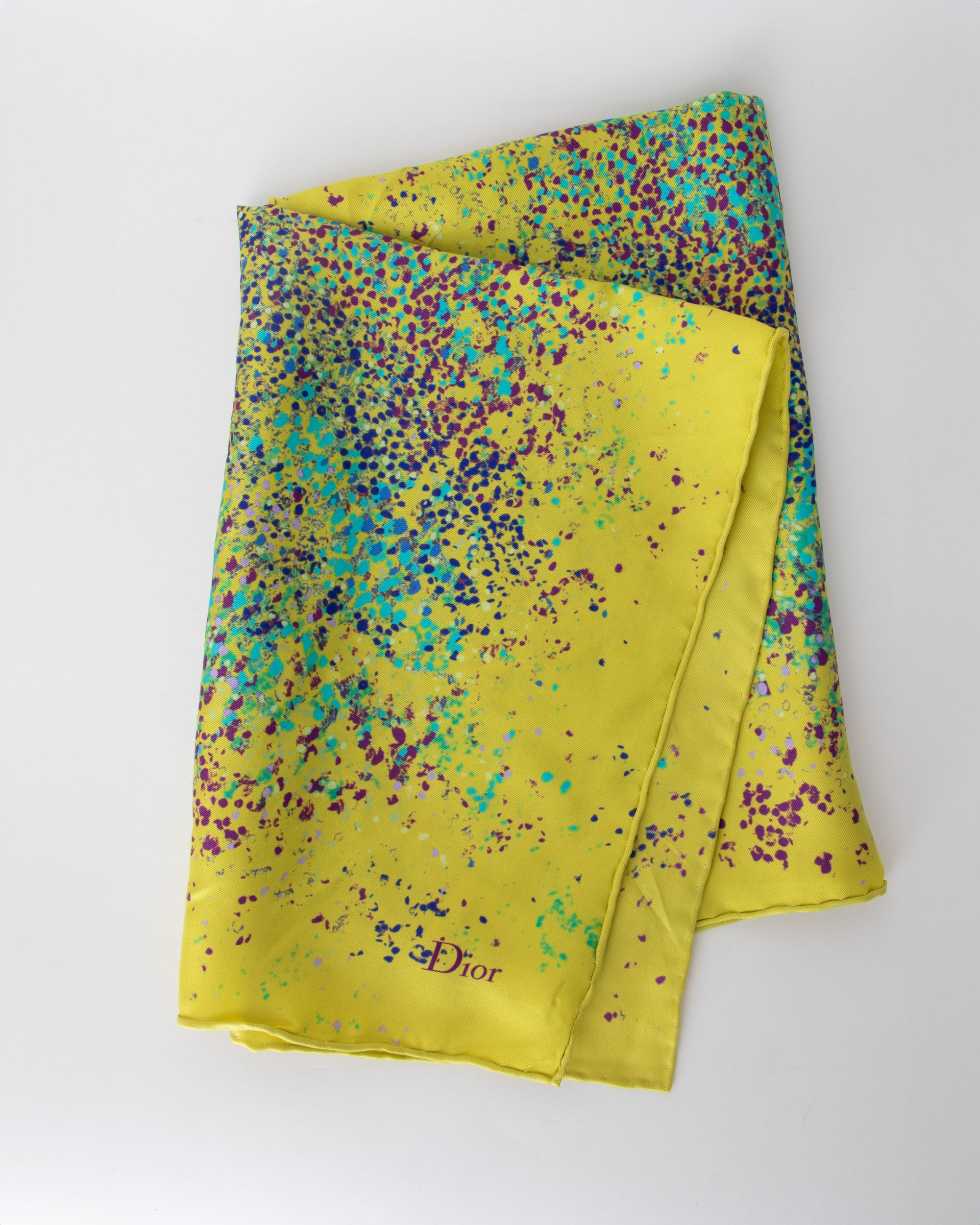 Dior Yellow Silk Scarf with Multi-Colored Dots