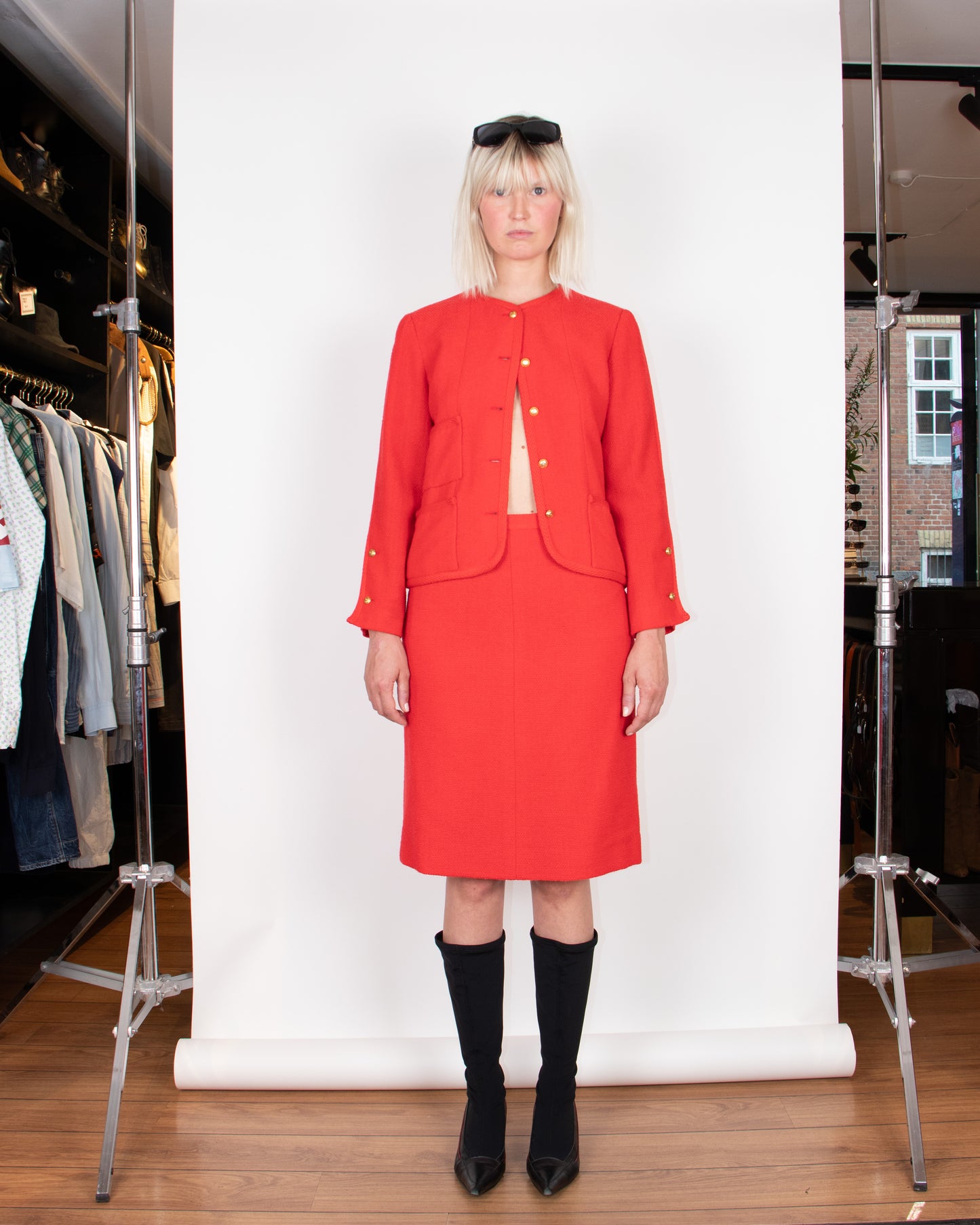 Chanel 1970s Red Bouclè Skirt Suit S