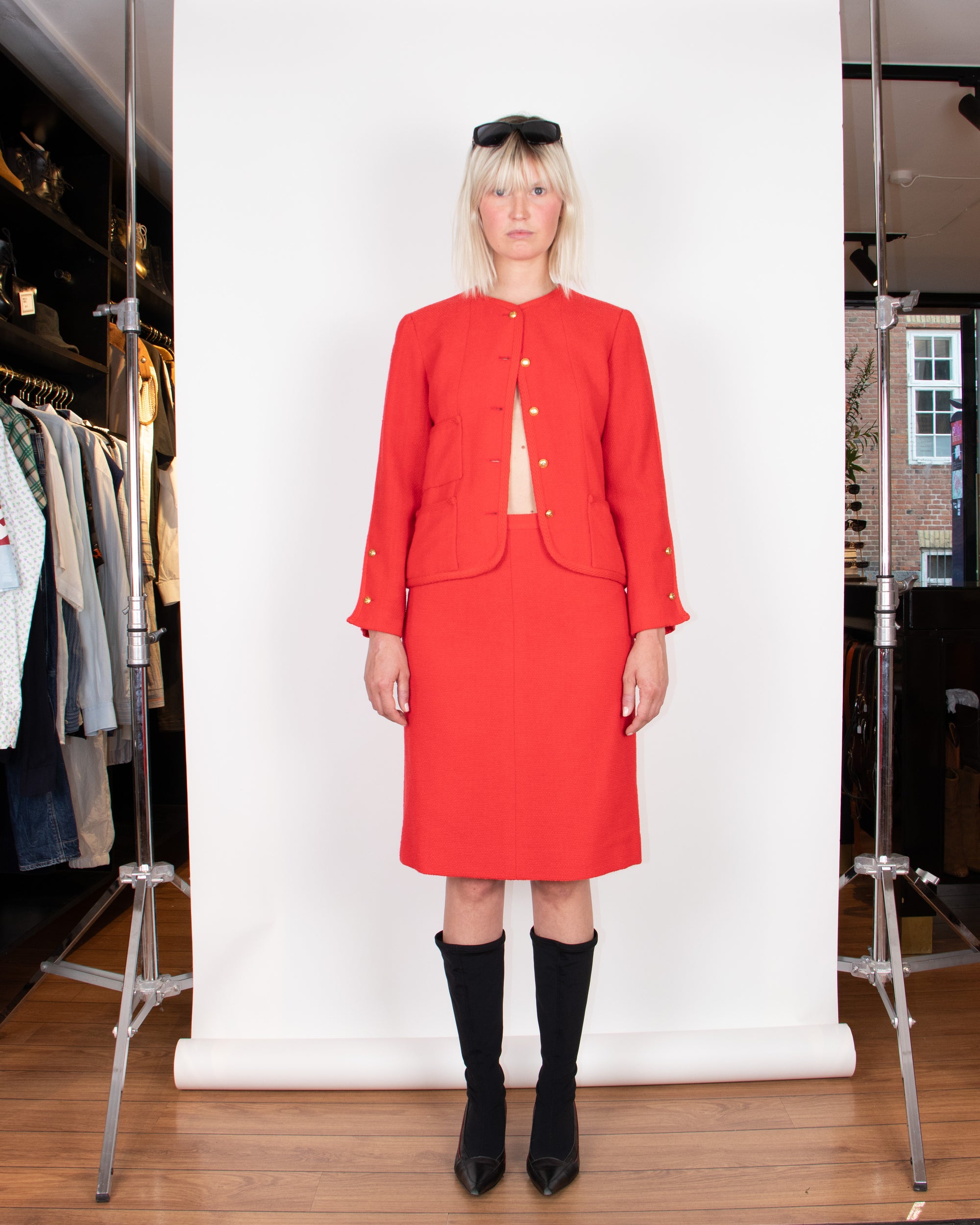 Chanel 1970s Red Bouclè Skirt Suit S