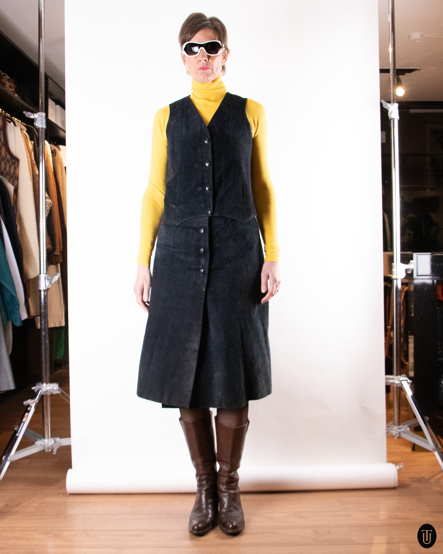 70's Céline Black Suede Two-piece Set M