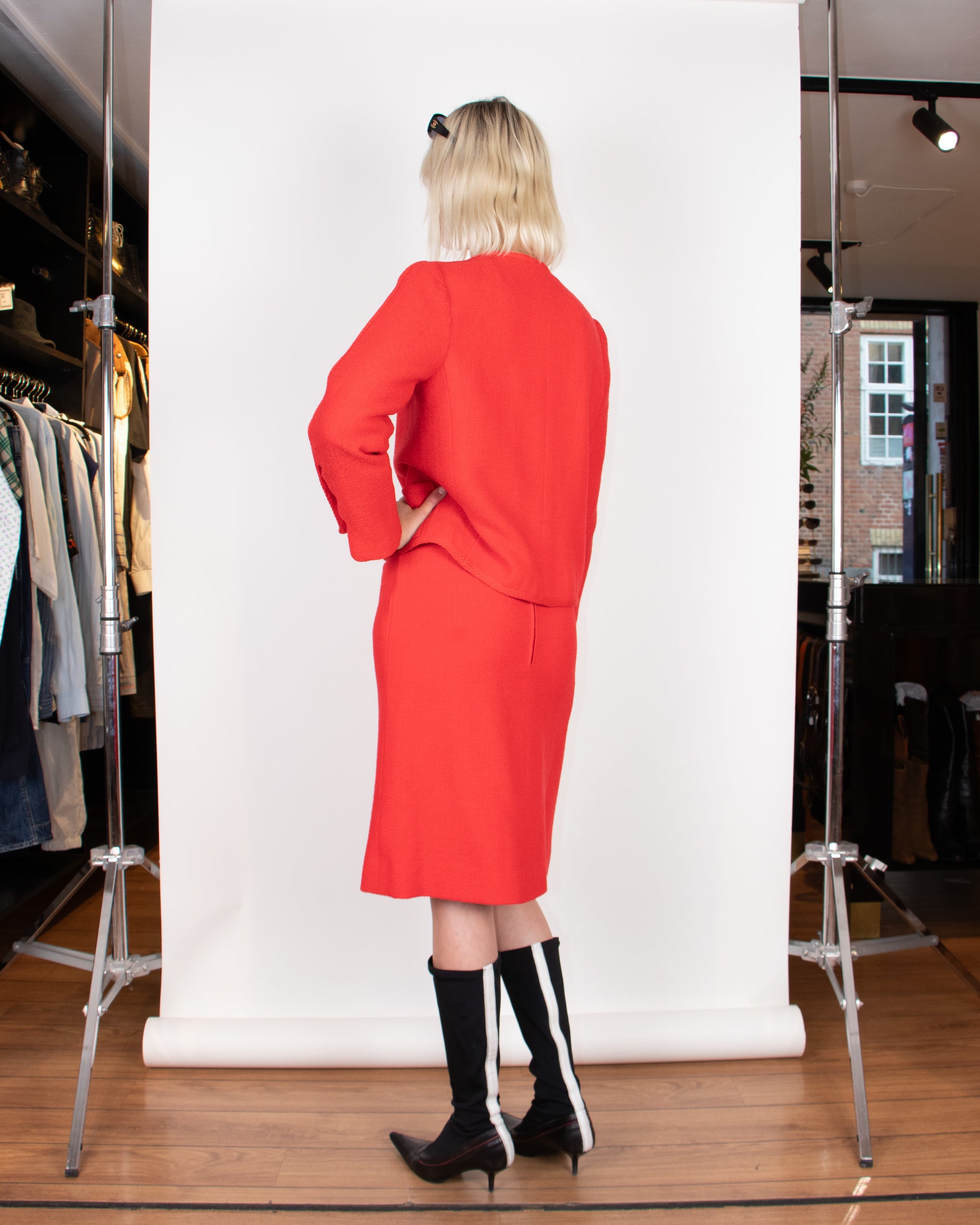 Chanel 1970s Red Bouclè Skirt Suit S