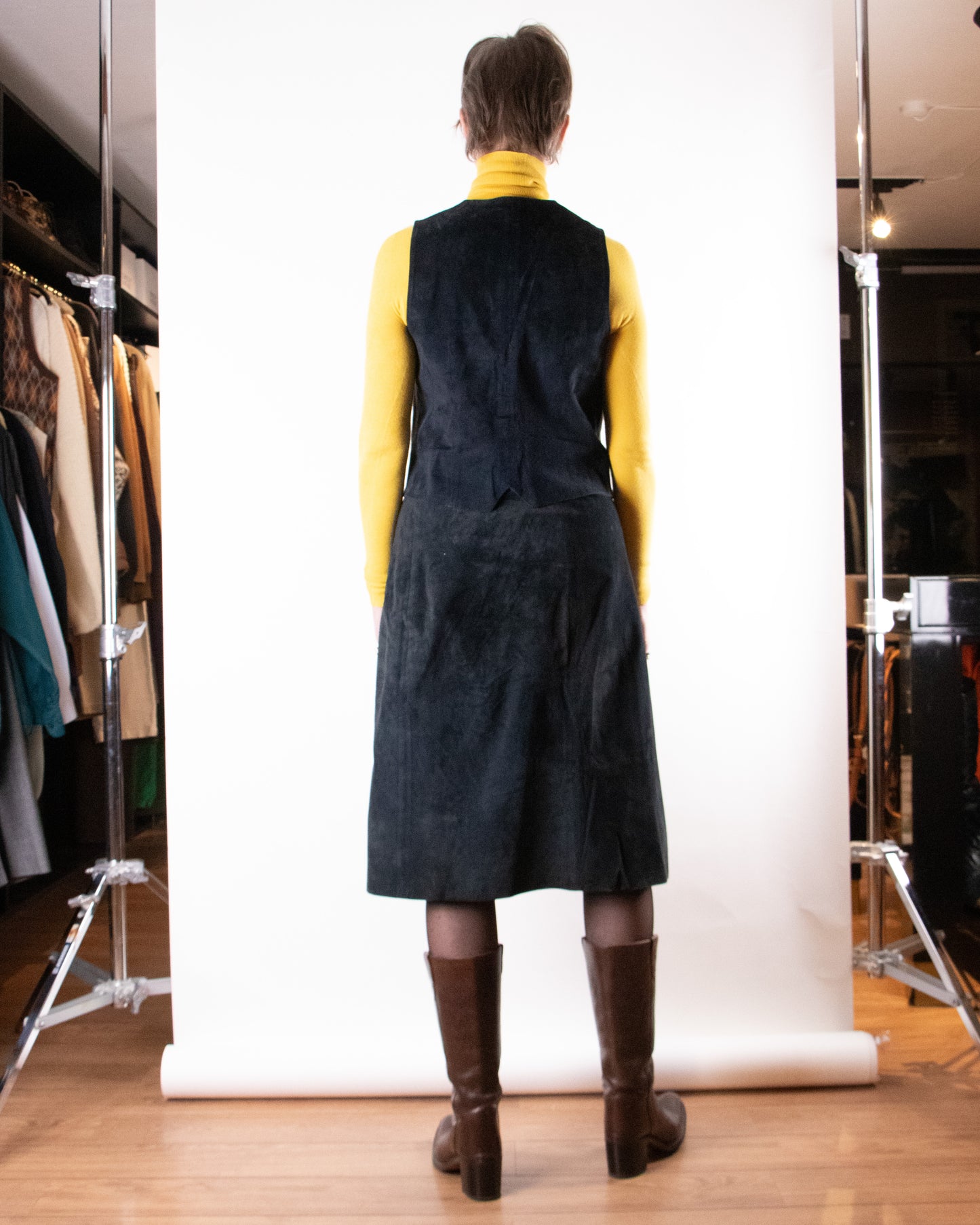 70's Céline Black Suede Two-piece Set M