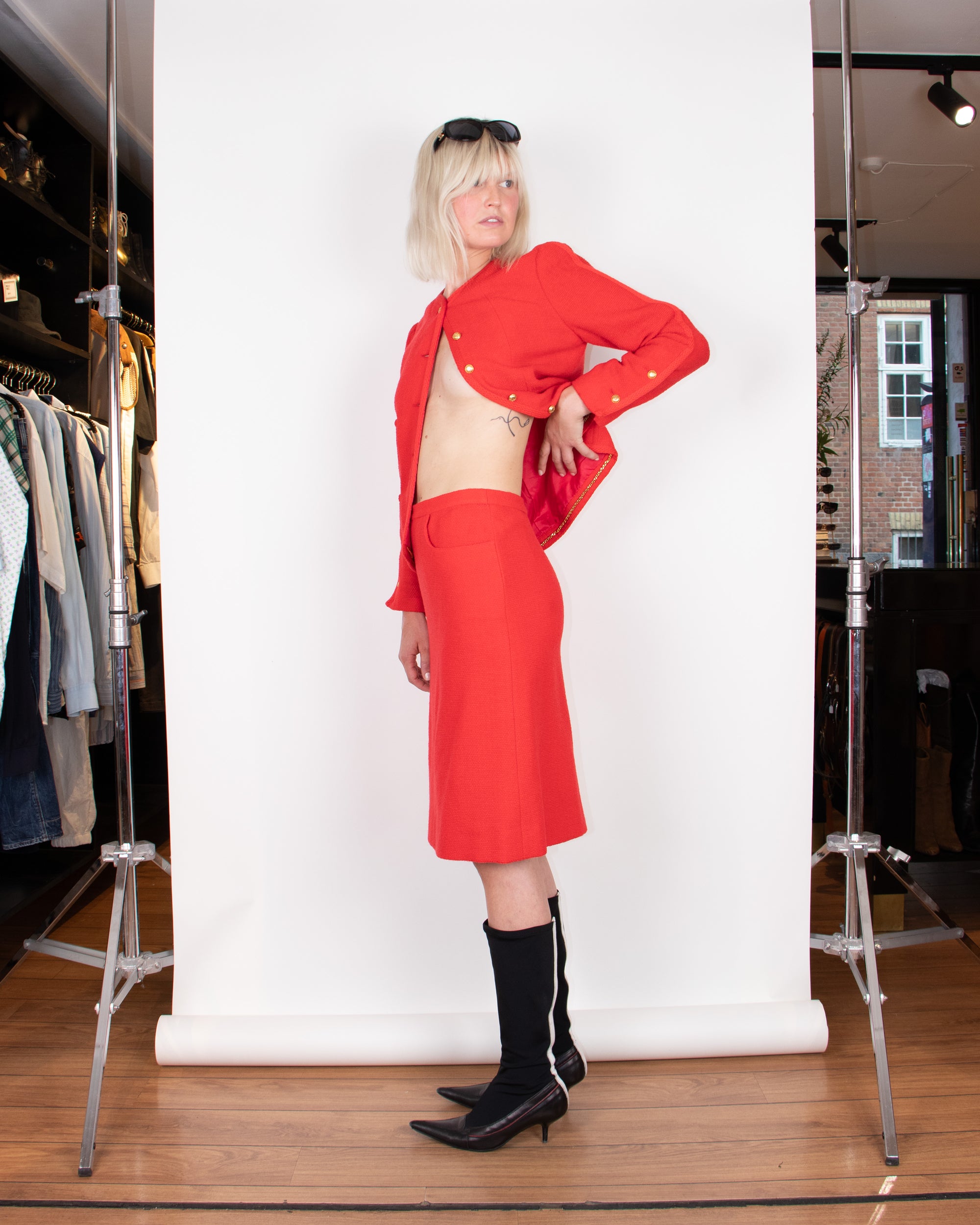 Chanel 1970s Red Bouclè Skirt Suit S