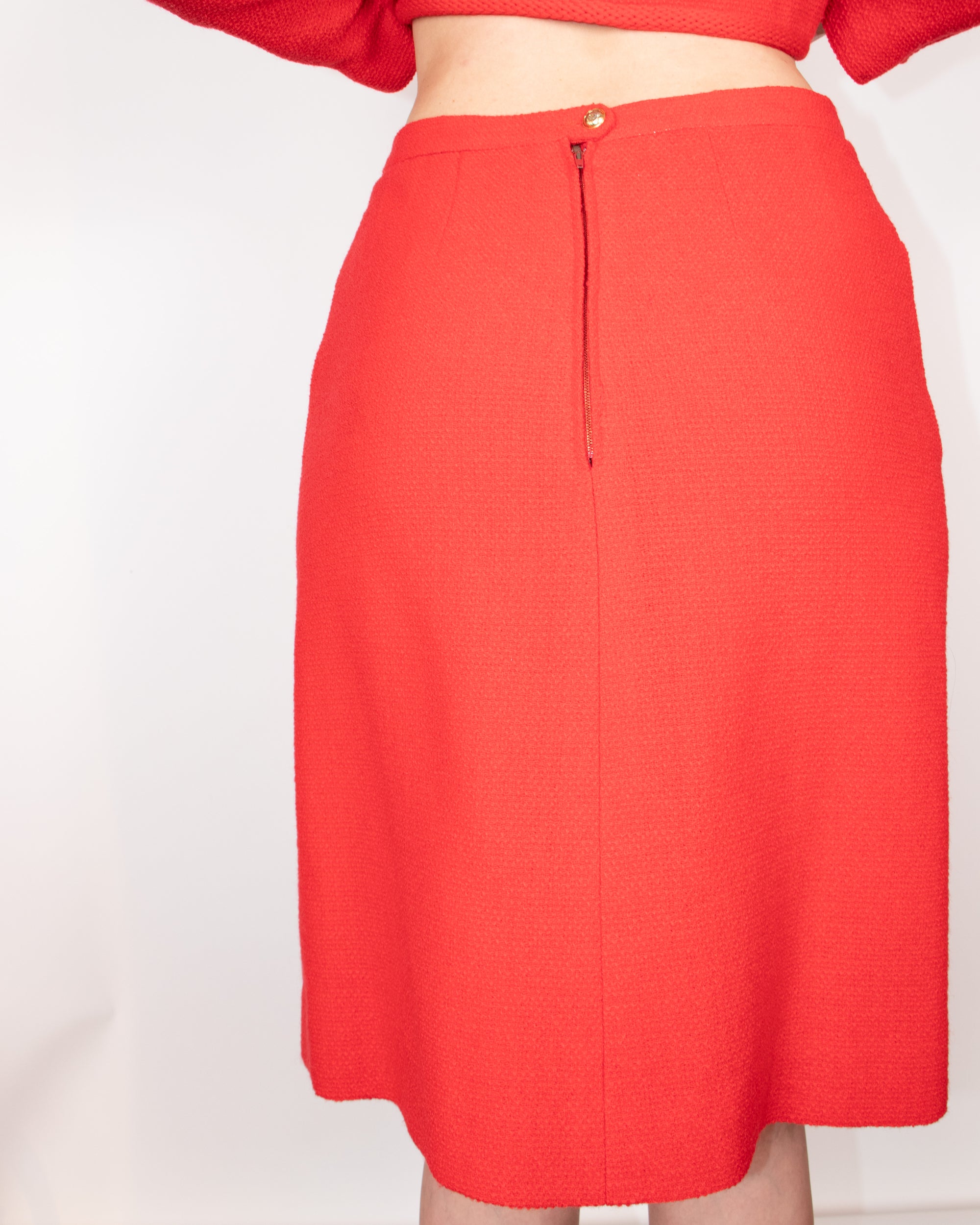 Chanel 1970s Red Bouclè Skirt Suit S