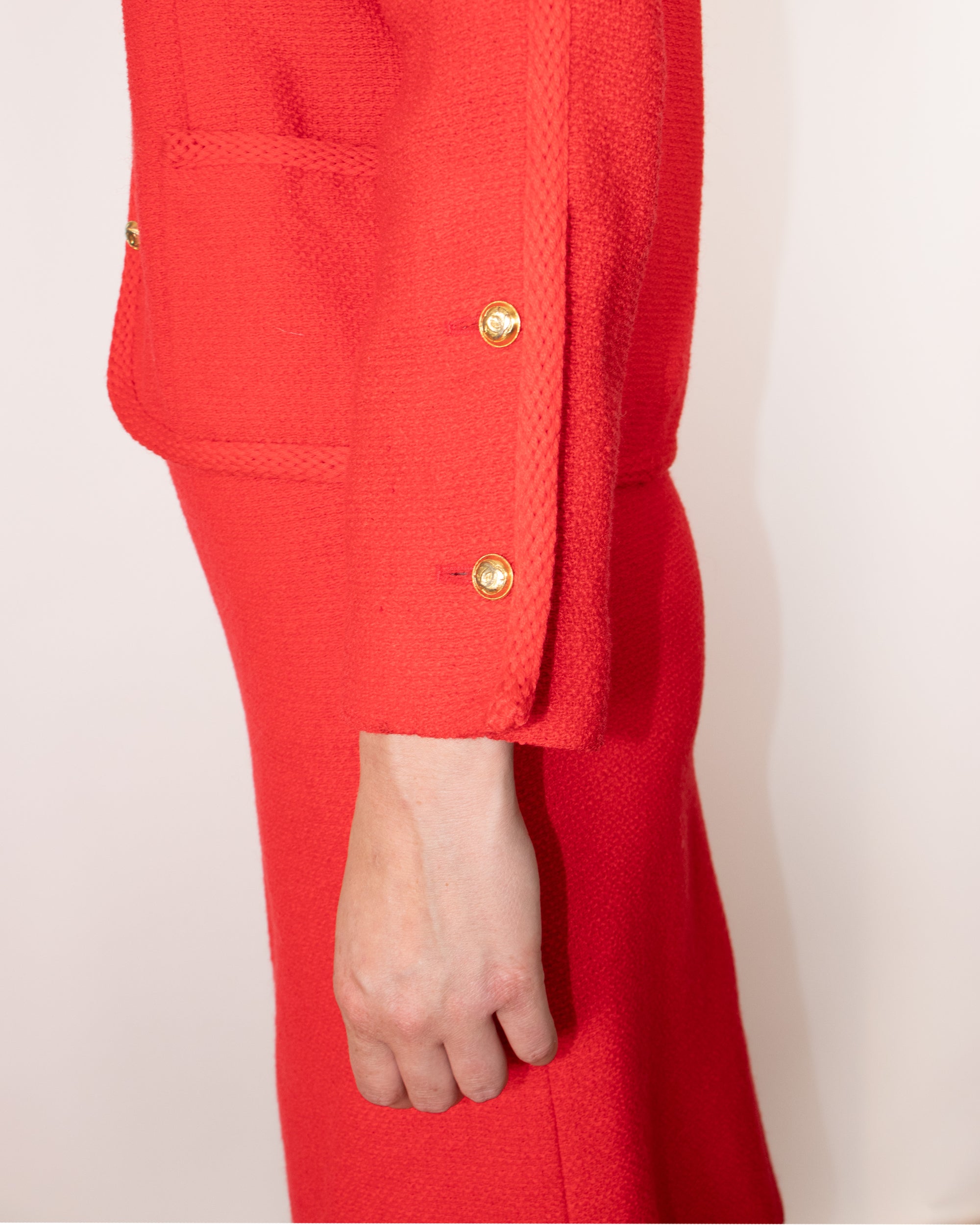 Chanel 1970s Red Bouclè Skirt Suit S