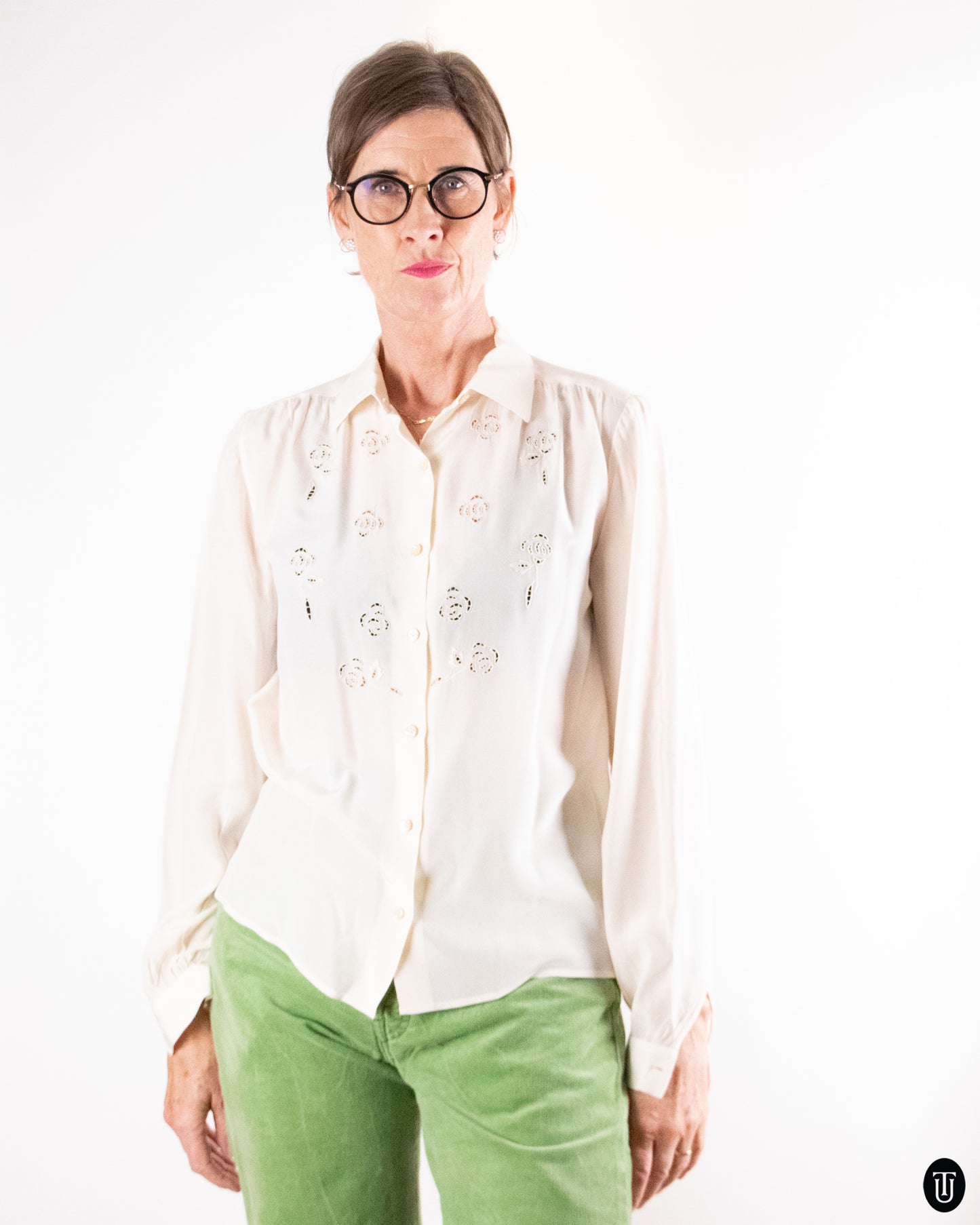 60's Silk Floral Cut-Out Blouse S